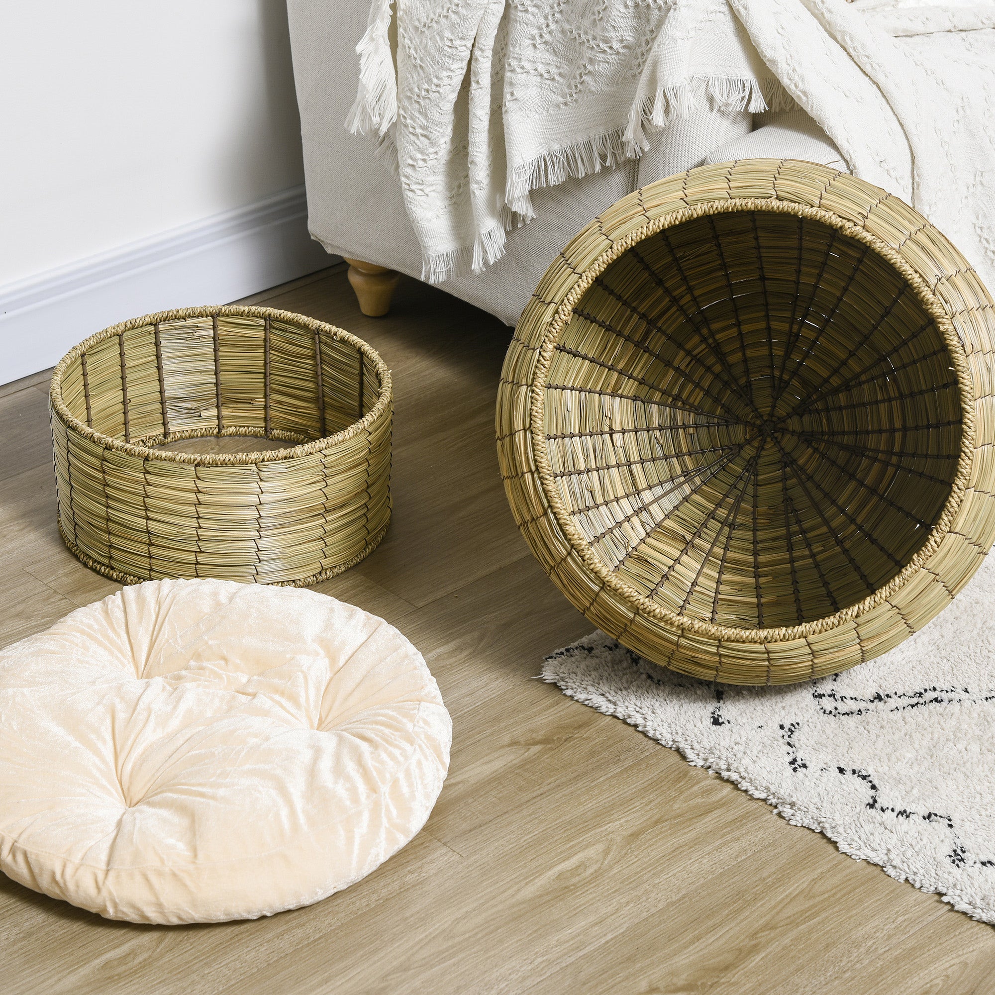 PawHut Handwoven Elevated Cat Bed with Soft Cushion & Cat Egg Chair Shape, Cat Basket Bed Kitty House with Stand, Raised Wicker Cat Bed for Indoor Cats, 23.5" H, Yellow