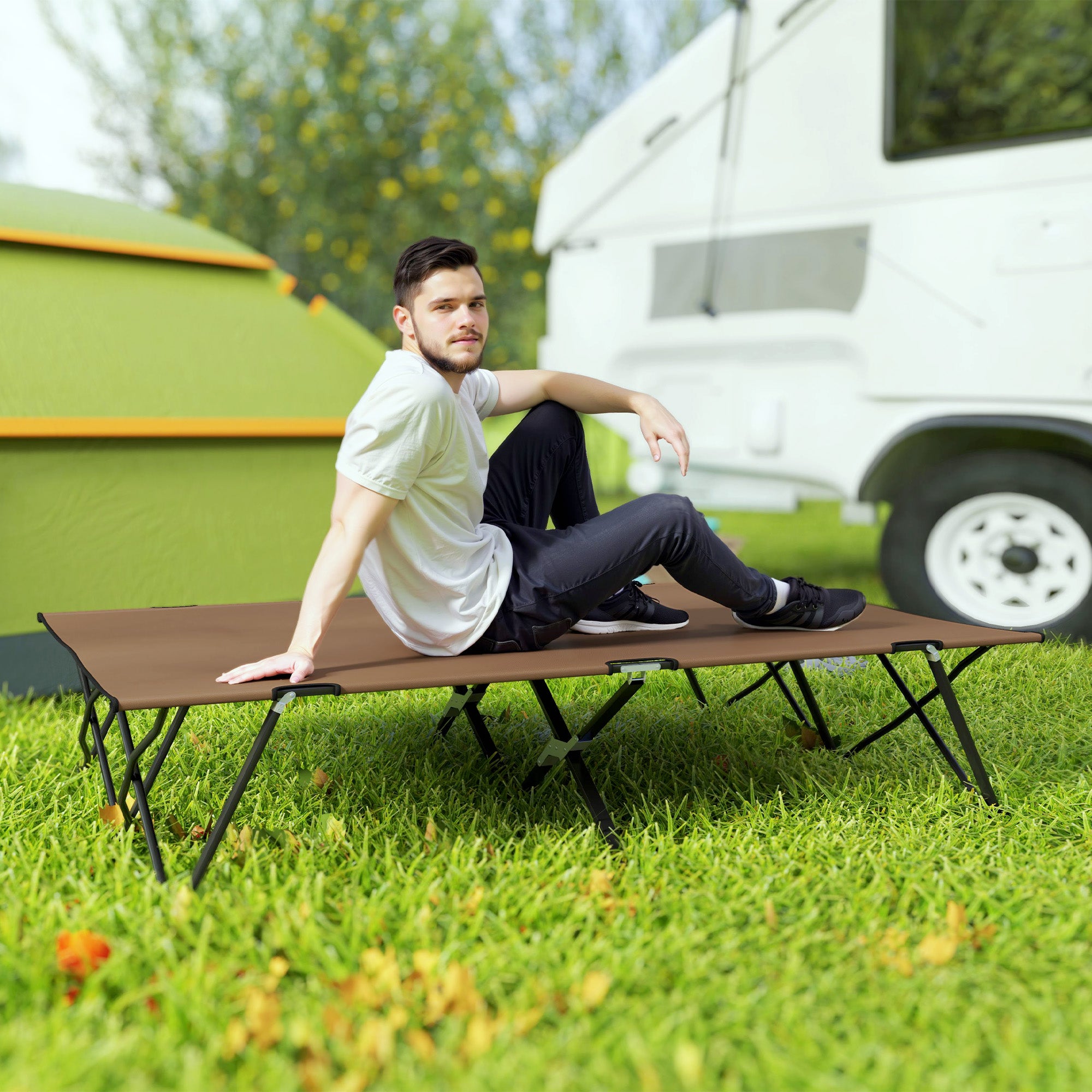 Outsunny 76" Two Person Folding Camping Cot Outdoor Portable Double Cot Wide Military Sleeping Bed w/ Carrying Bag Khaki