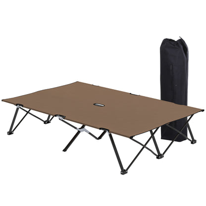 Outsunny 76" Two Person Folding Camping Cot Outdoor Portable Double Cot Wide Military Sleeping Bed w/ Carrying Bag Khaki