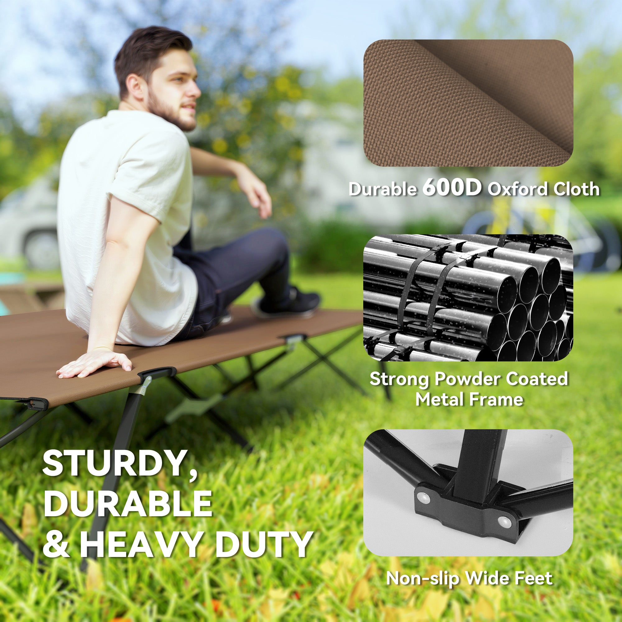 Outsunny 76" Two Person Folding Camping Cot Outdoor Portable Double Cot Wide Military Sleeping Bed w/ Carrying Bag Khaki