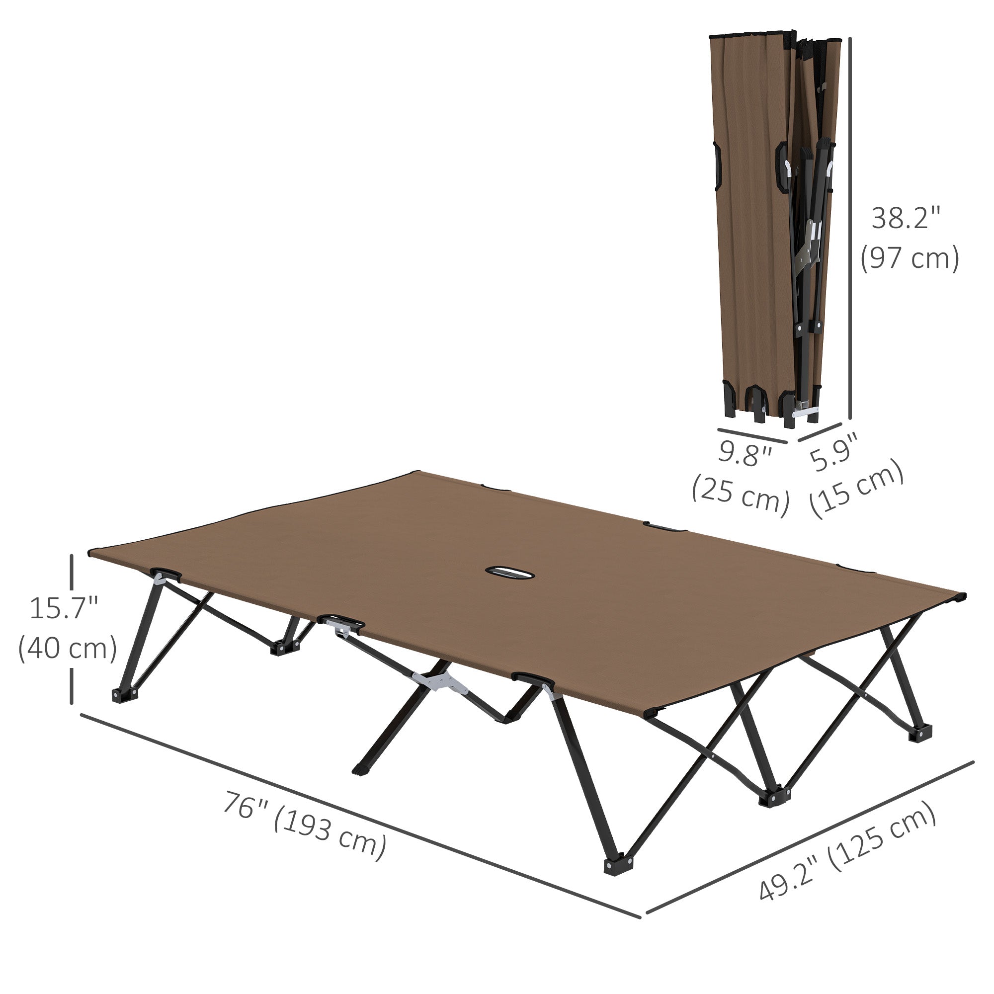 Outsunny 76" Two Person Folding Camping Cot Outdoor Portable Double Cot Wide Military Sleeping Bed w/ Carrying Bag Khaki
