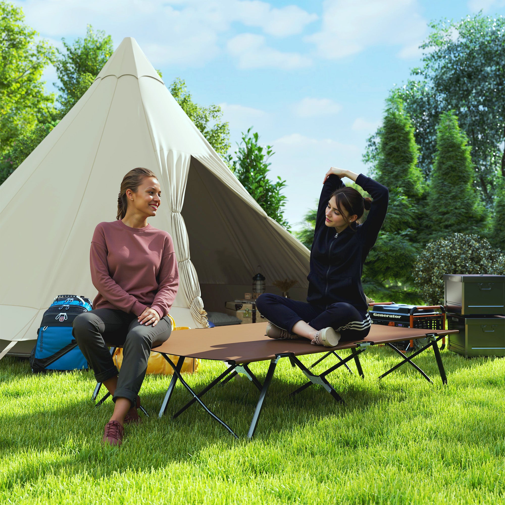 Outsunny 76" Two Person Folding Camping Cot Outdoor Portable Double Cot Wide Military Sleeping Bed w/ Carrying Bag Khaki