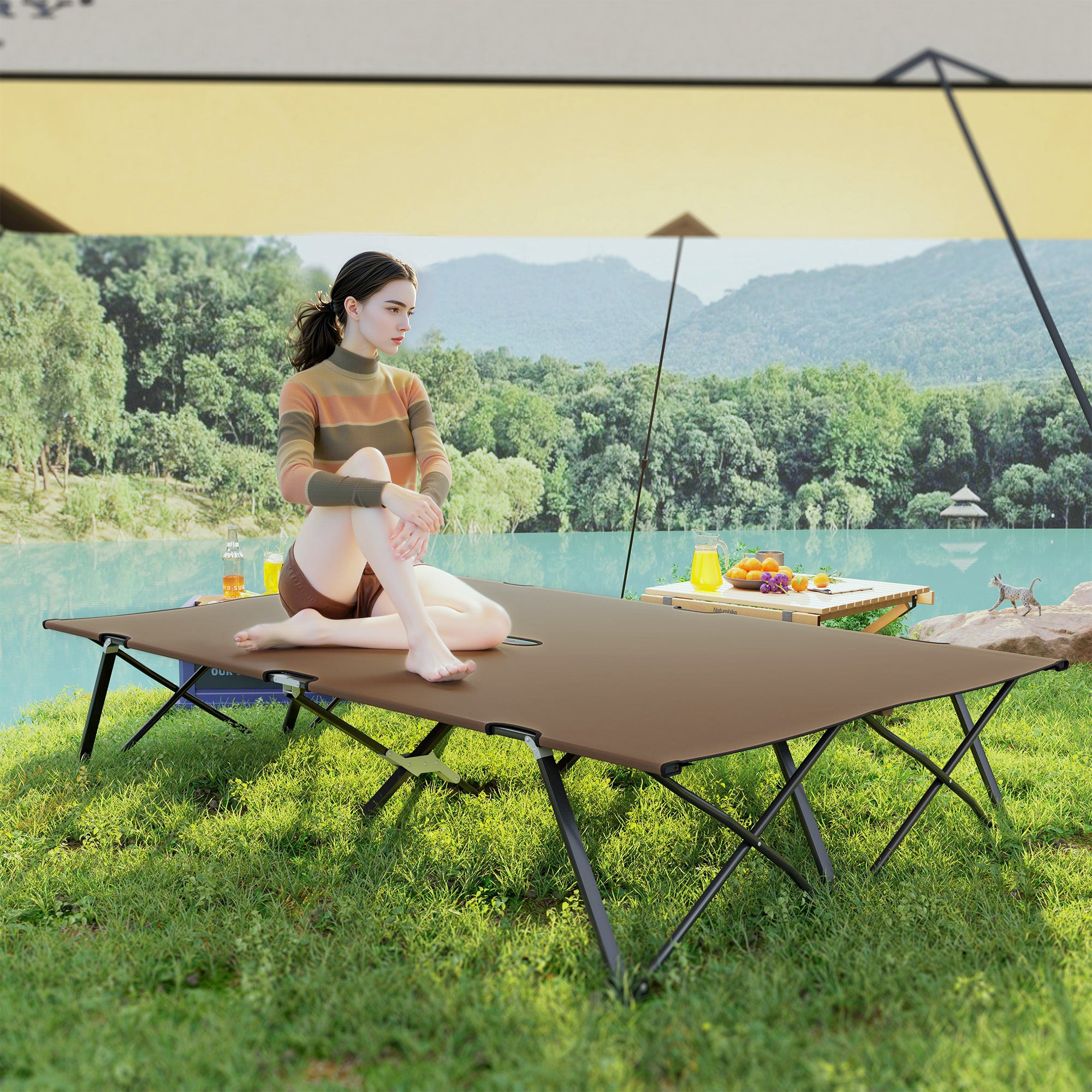 Outsunny 76" Two Person Folding Camping Cot Outdoor Portable Double Cot Wide Military Sleeping Bed w/ Carrying Bag Khaki