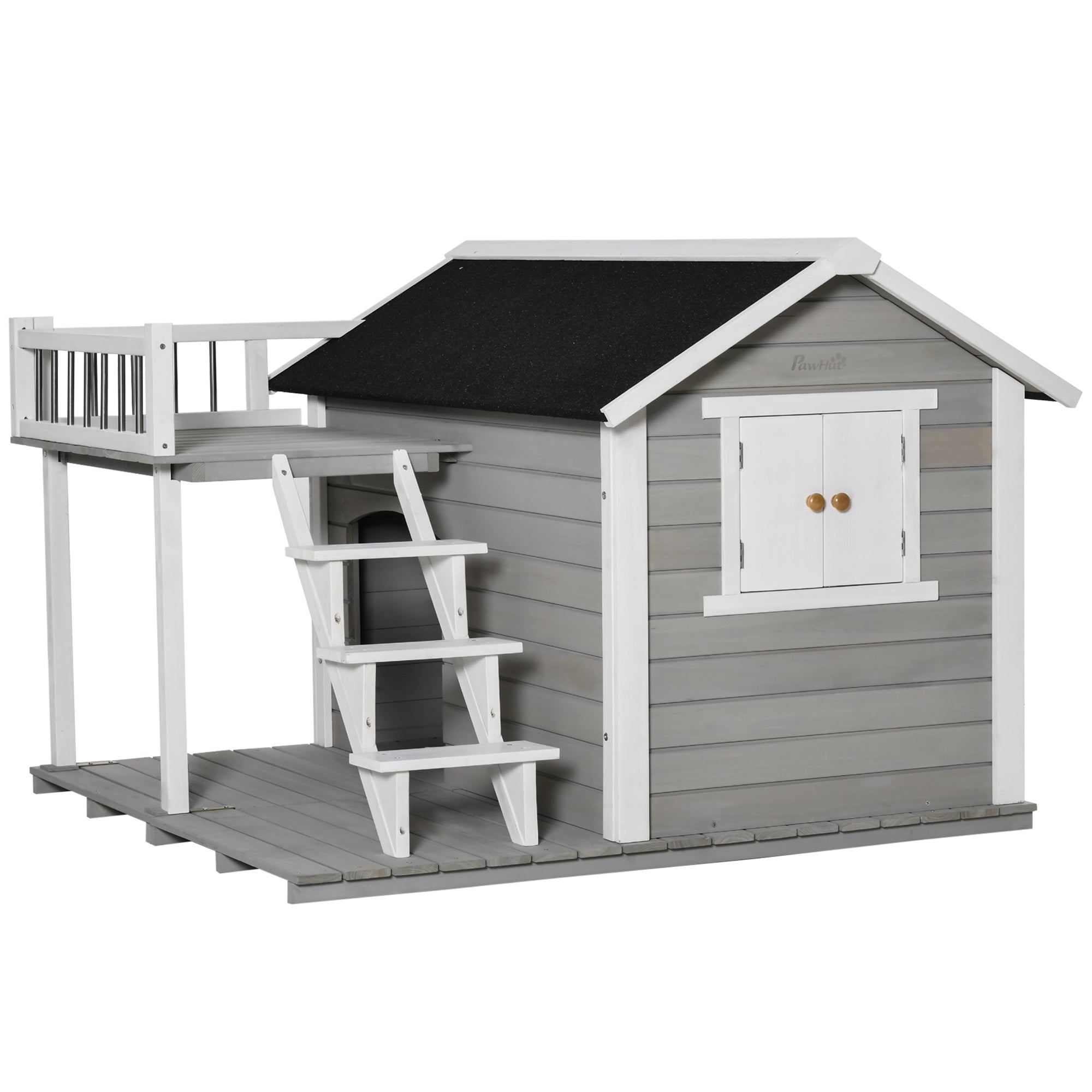 PawHut Wooden Dog House Outdoor with Porch, Cabin Style Raised Pet House with Ladder Balcony Water-resistant Asphalt Roof, for Medium and Large Dogs