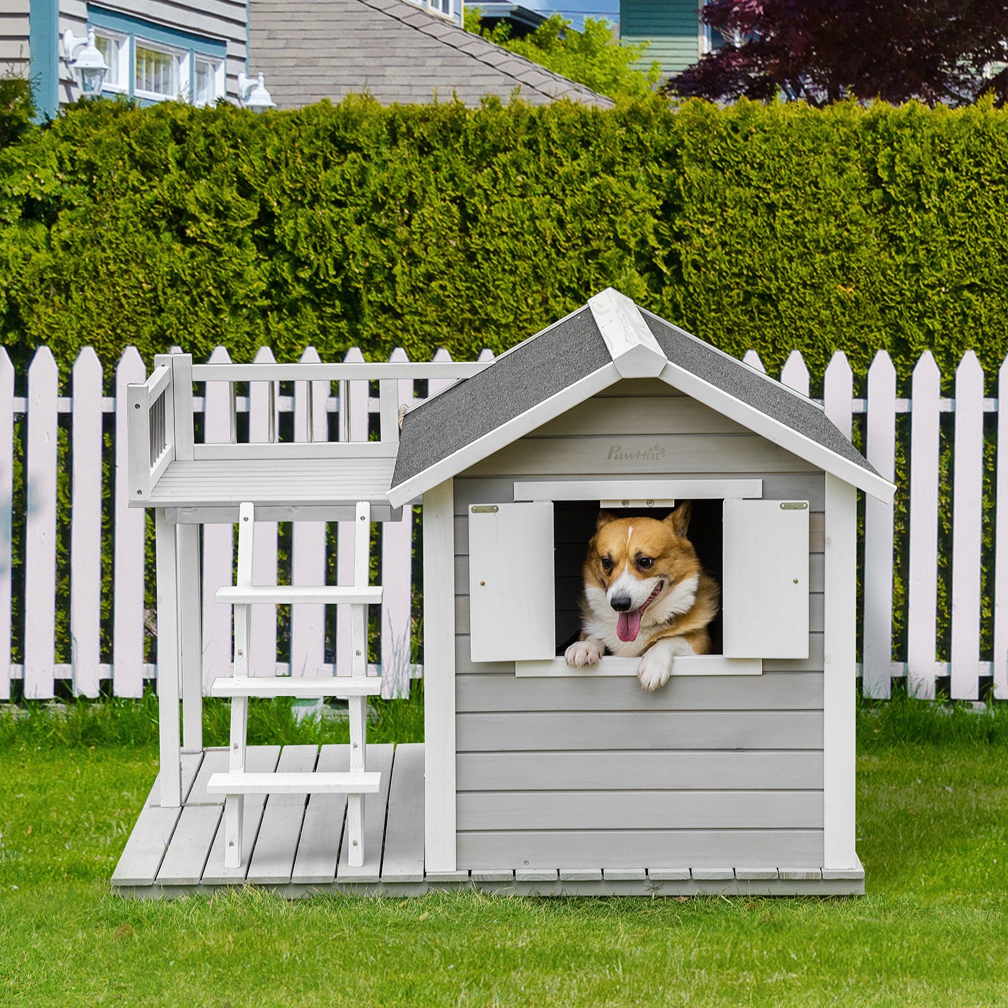 PawHut Wooden Dog House Outdoor with Porch, Cabin Style Raised Pet House with Ladder Balcony Water-resistant Asphalt Roof, for Medium and Large Dogs