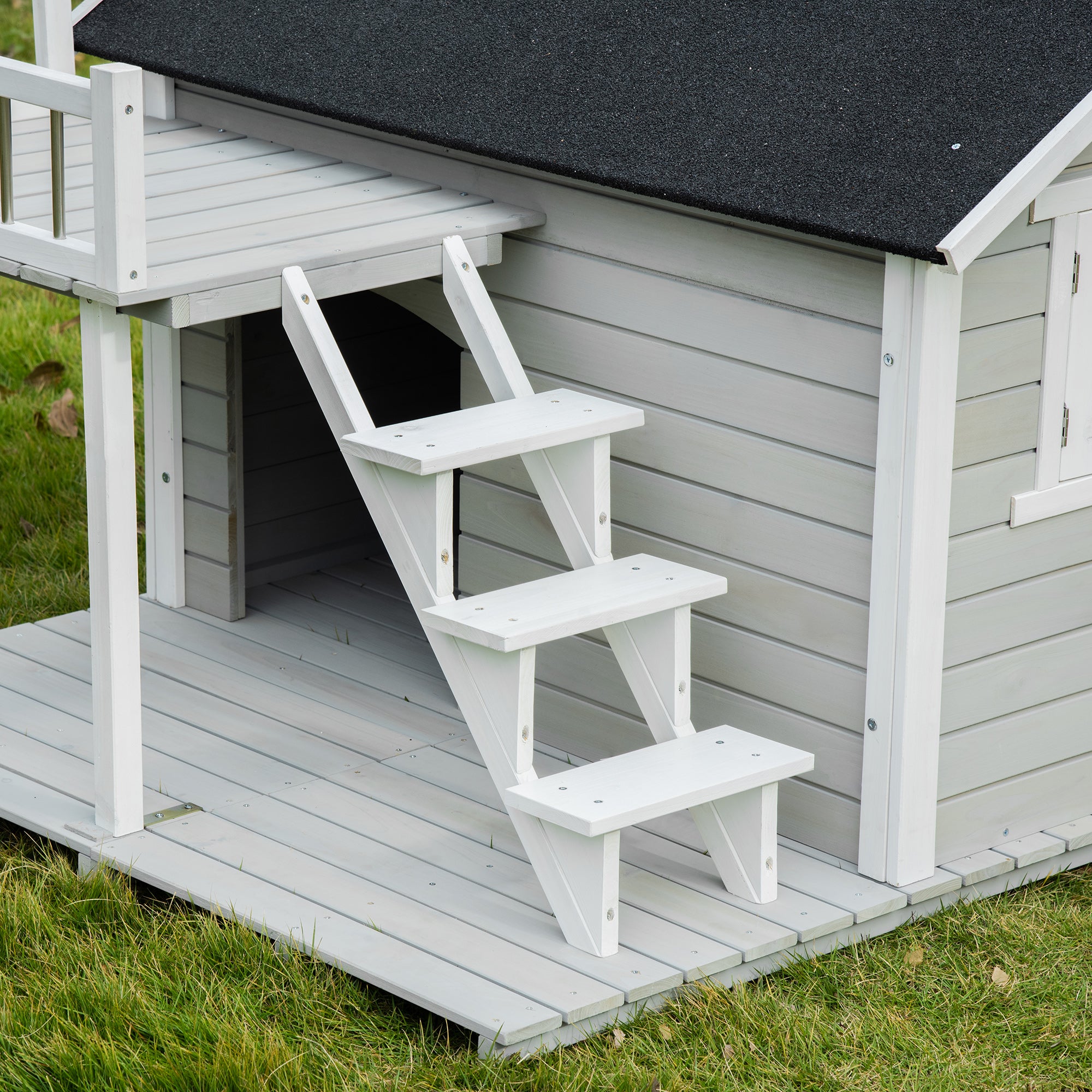 PawHut Wooden Dog House Outdoor with Porch, Cabin Style Raised Pet House with Ladder Balcony Water-resistant Asphalt Roof, for Medium and Large Dogs