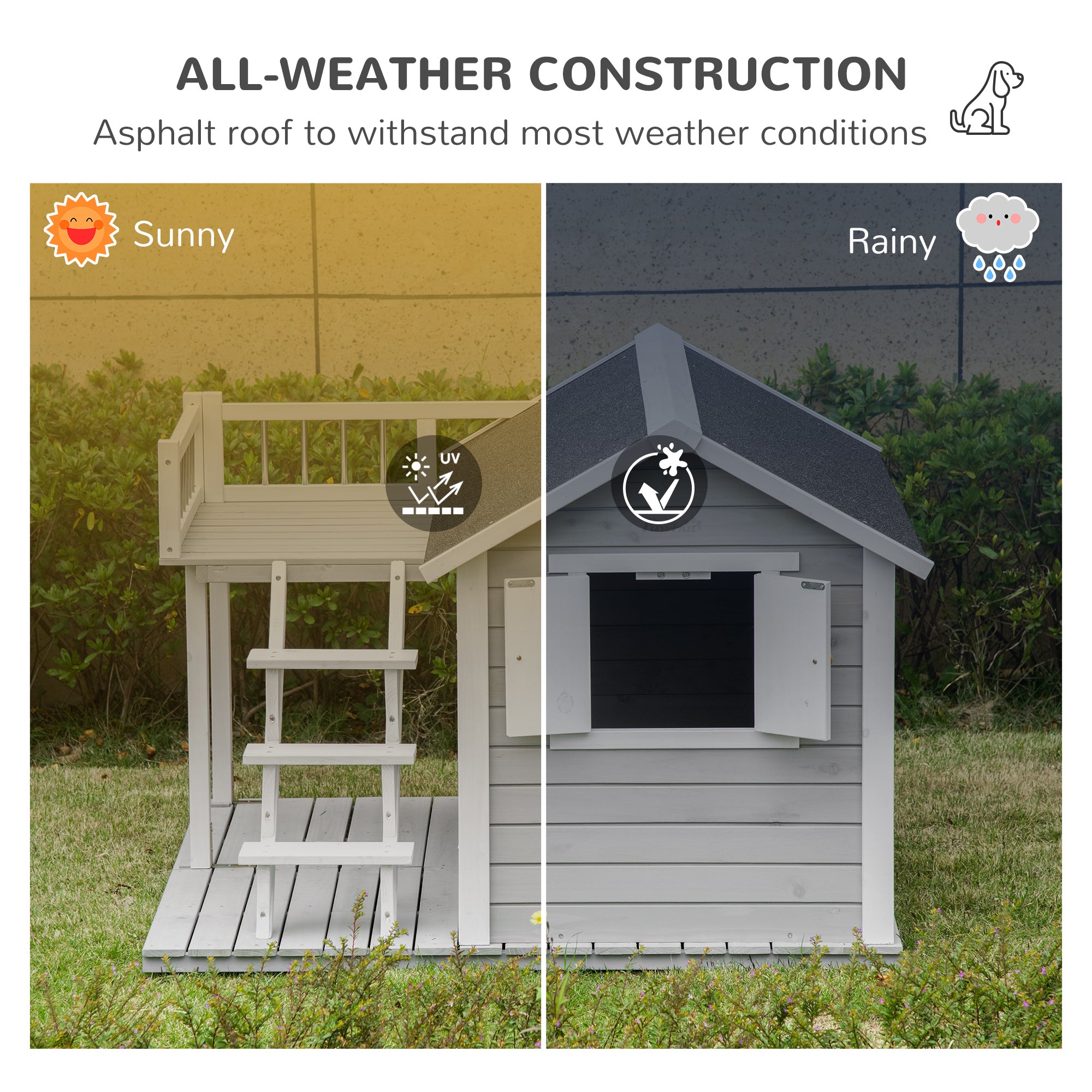PawHut Wooden Dog House Outdoor with Porch, Cabin Style Raised Pet House with Ladder Balcony Water-resistant Asphalt Roof, for Medium and Large Dogs