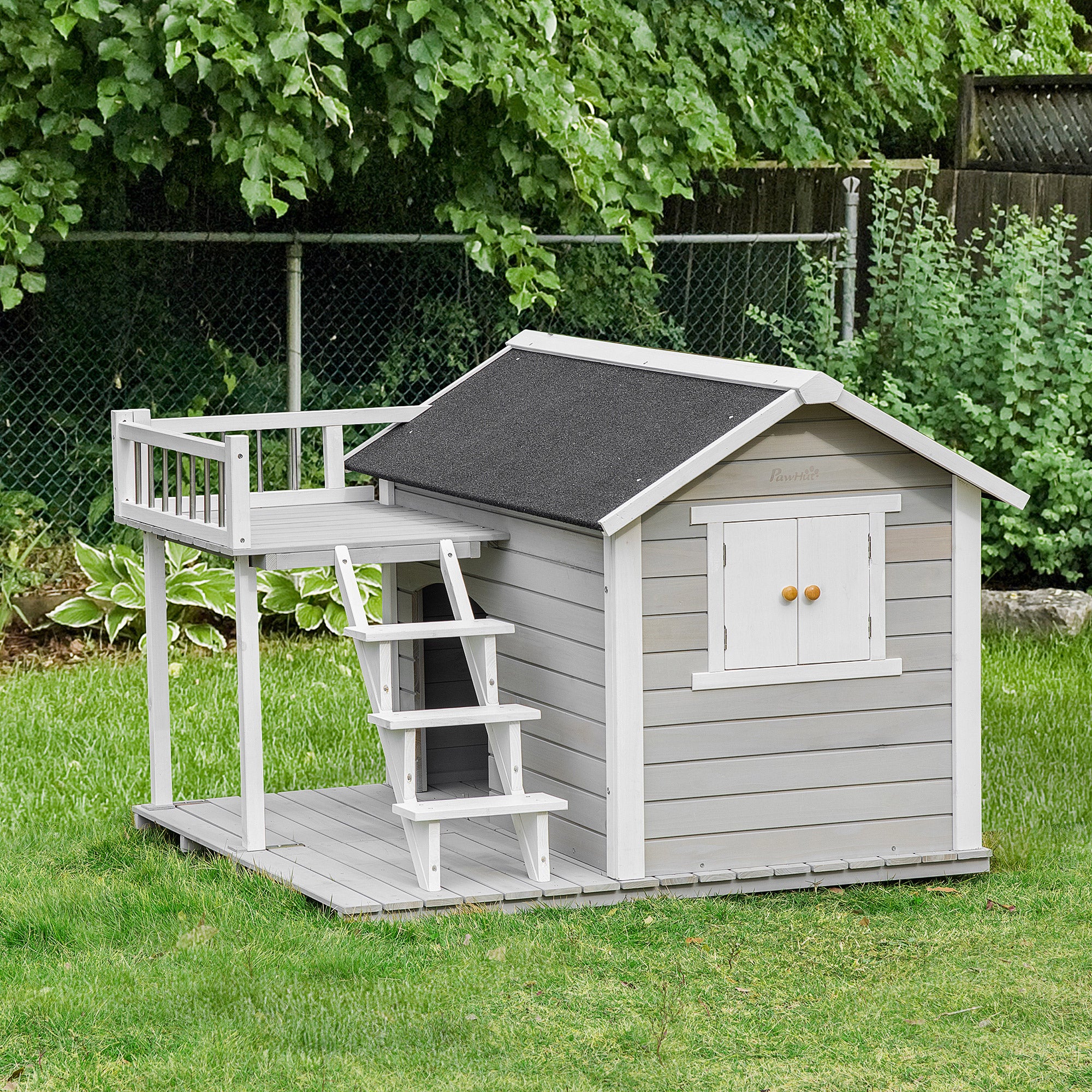 PawHut Wooden Dog House Outdoor with Porch, Cabin Style Raised Pet House with Ladder Balcony Water-resistant Asphalt Roof, for Medium and Large Dogs