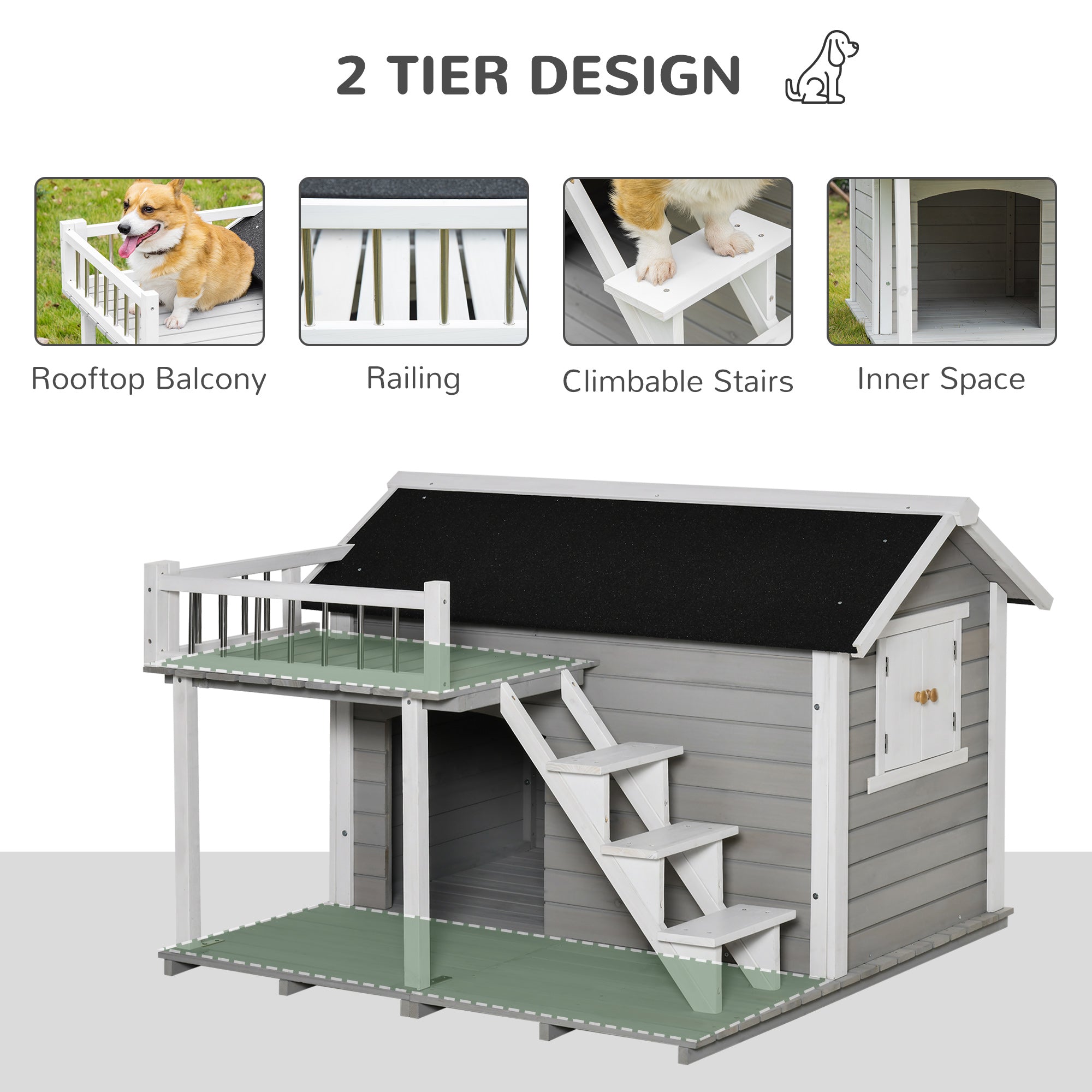 PawHut Wooden Dog House Outdoor with Porch, Cabin Style Raised Pet House with Ladder Balcony Water-resistant Asphalt Roof, for Medium and Large Dogs