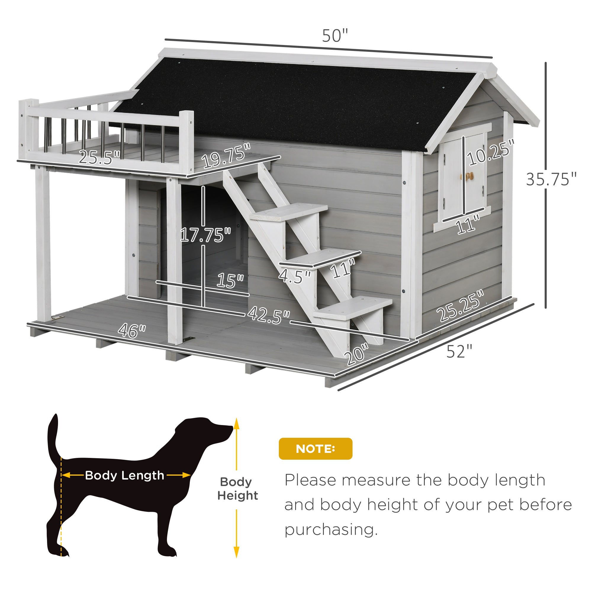 PawHut Wooden Dog House Outdoor with Porch, Cabin Style Raised Pet House with Ladder Balcony Water-resistant Asphalt Roof, for Medium and Large Dogs