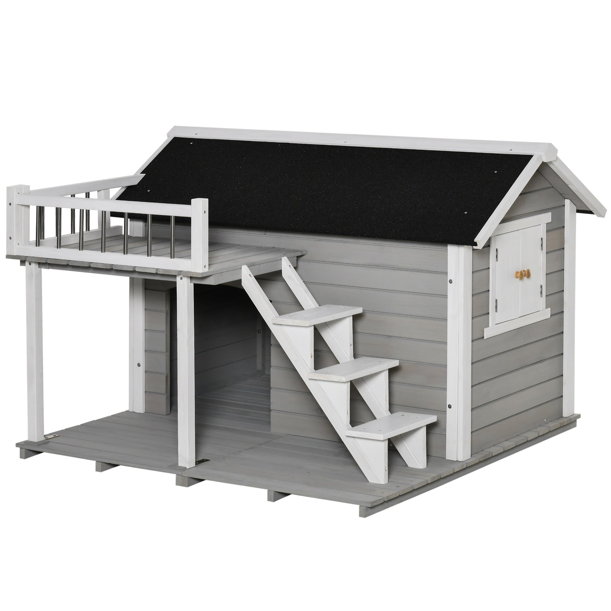 PawHut Wooden Dog House Outdoor with Porch, Cabin Style Raised Pet House with Ladder Balcony Water-resistant Asphalt Roof, for Medium and Large Dogs