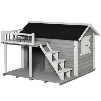 PawHut Wooden Dog House Outdoor with Porch, Cabin Style Raised Pet House with Ladder Balcony Water-resistant Asphalt Roof, for Medium and Large Dogs