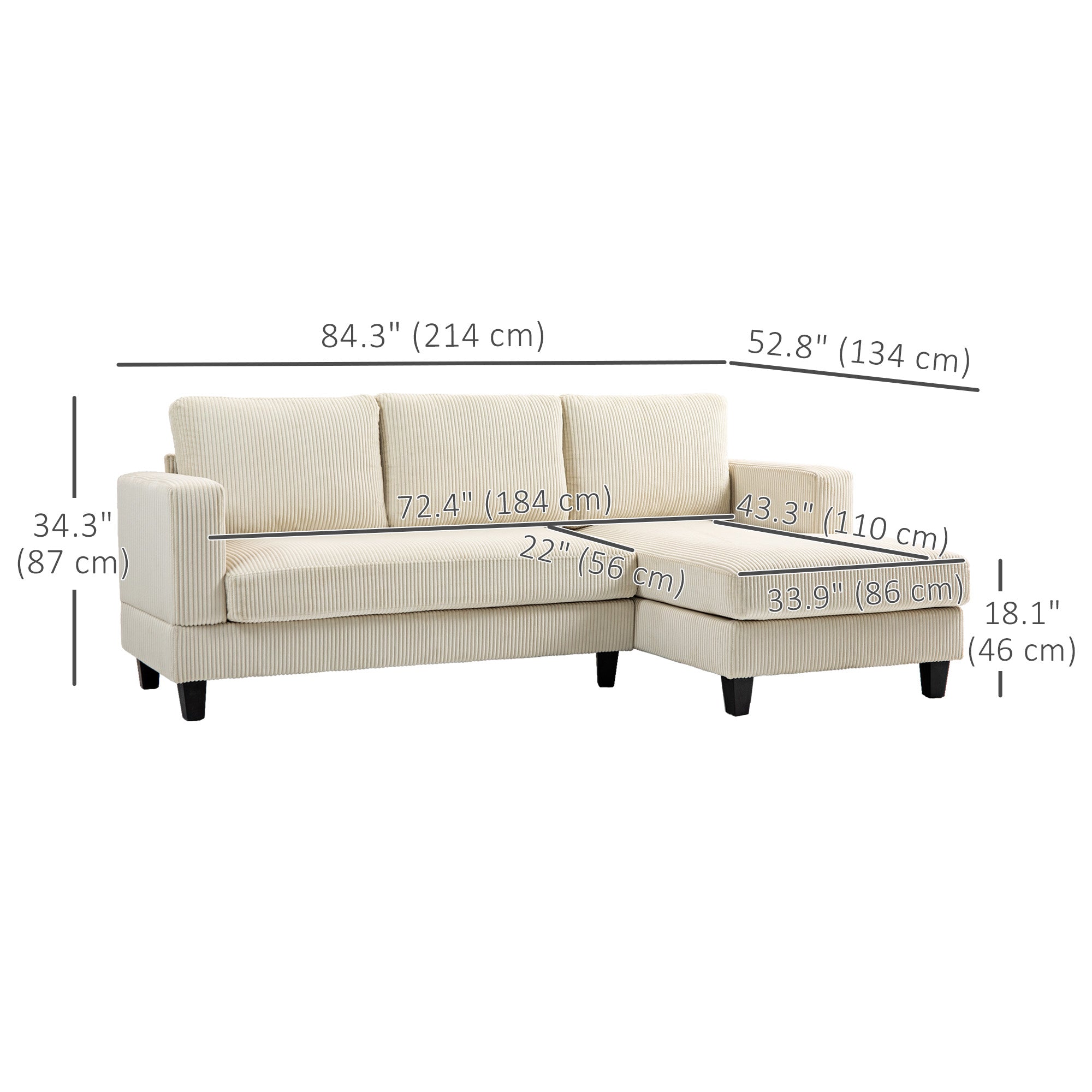 HOMCOM Sectional Sofa with Chaise Lounge and Thick Spring Cushion, Corduroy L Shaped Couch, 3 Seater Corner Sofa for Living Room, Bedroom, Beige