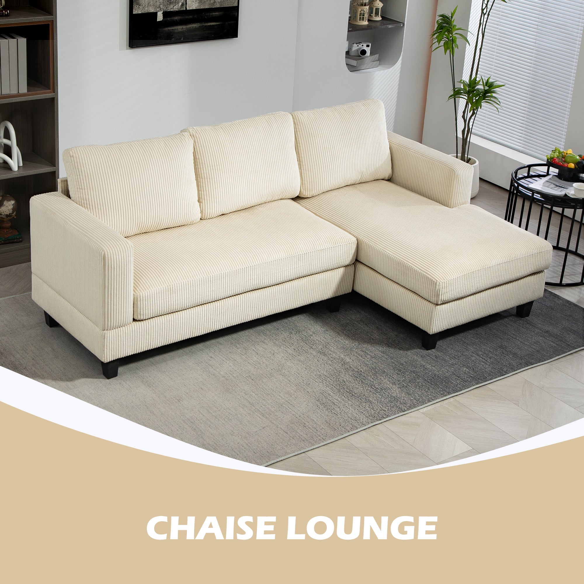HOMCOM Sectional Sofa with Chaise Lounge and Thick Spring Cushion, Corduroy L Shaped Couch, 3 Seater Corner Sofa for Living Room, Bedroom, Beige