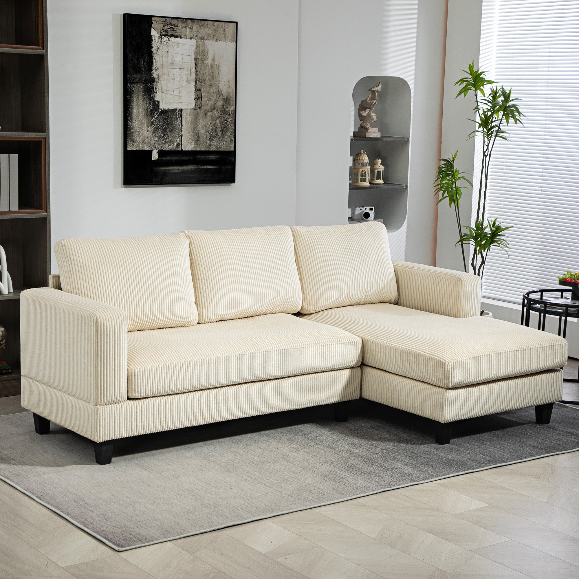 HOMCOM Sectional Sofa with Chaise Lounge and Thick Spring Cushion, Corduroy L Shaped Couch, 3 Seater Corner Sofa for Living Room, Bedroom, Beige