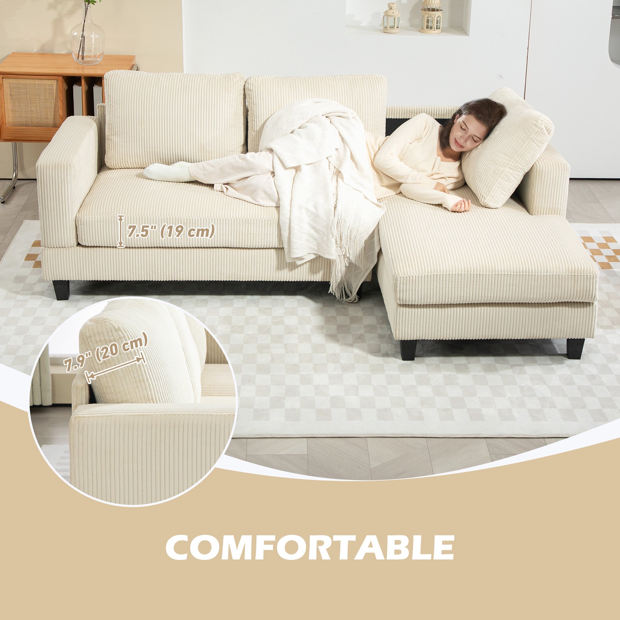 HOMCOM Sectional Sofa with Chaise Lounge and Thick Spring Cushion, Corduroy L Shaped Couch, 3 Seater Corner Sofa for Living Room, Bedroom, Beige
