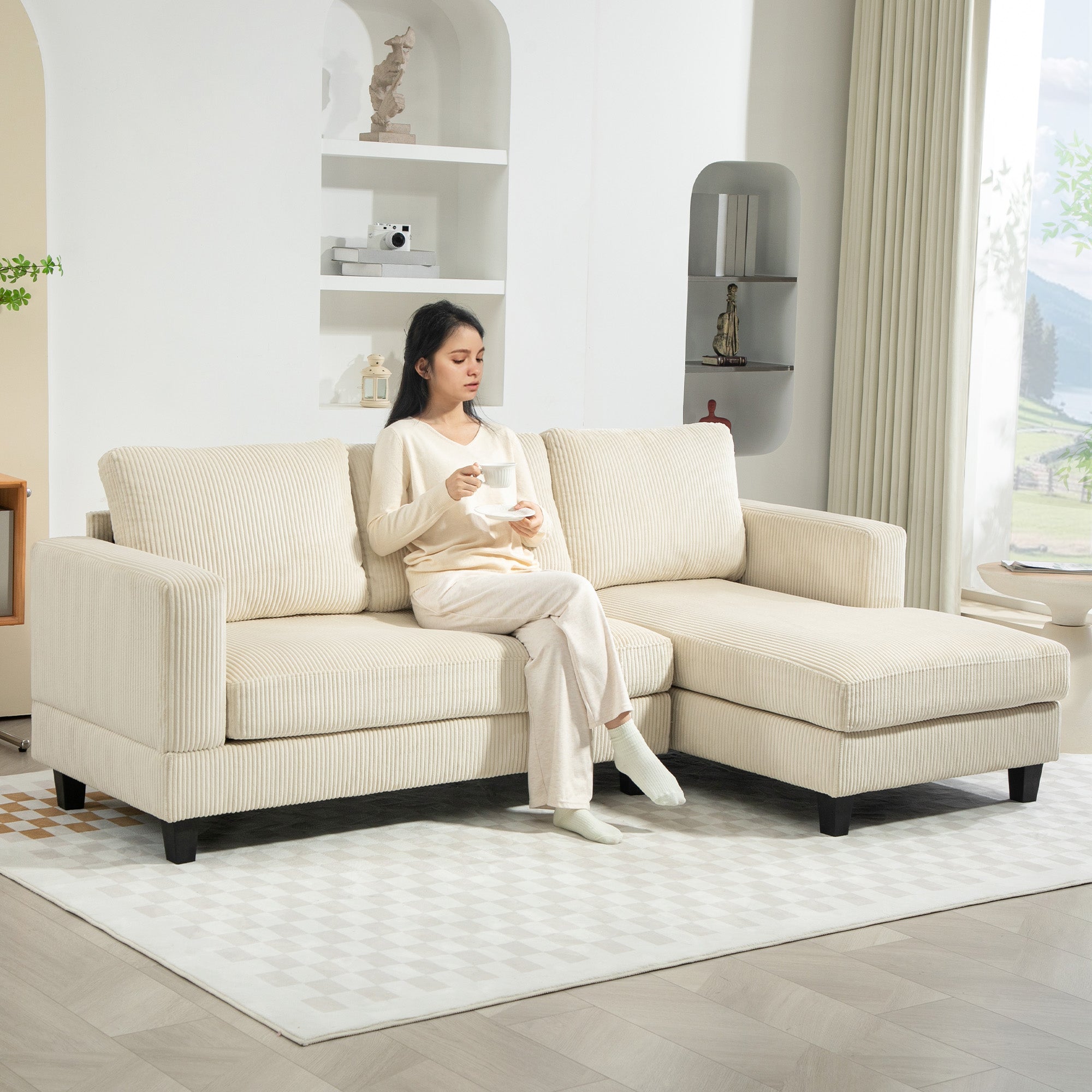 HOMCOM Sectional Sofa with Chaise Lounge and Thick Spring Cushion, Corduroy L Shaped Couch, 3 Seater Corner Sofa for Living Room, Bedroom, Beige