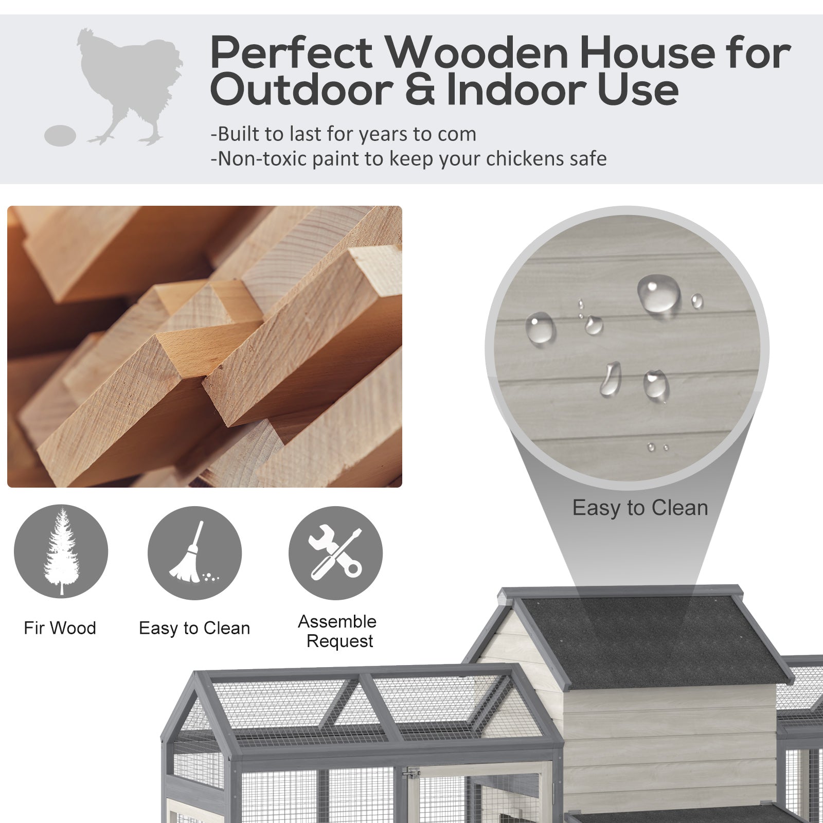 PawHut 100" Chicken Coop Wooden Chicken House Large Rabbit Hutch Poultry Cage Hen Pen Backyard with Double Run, Nesting Box