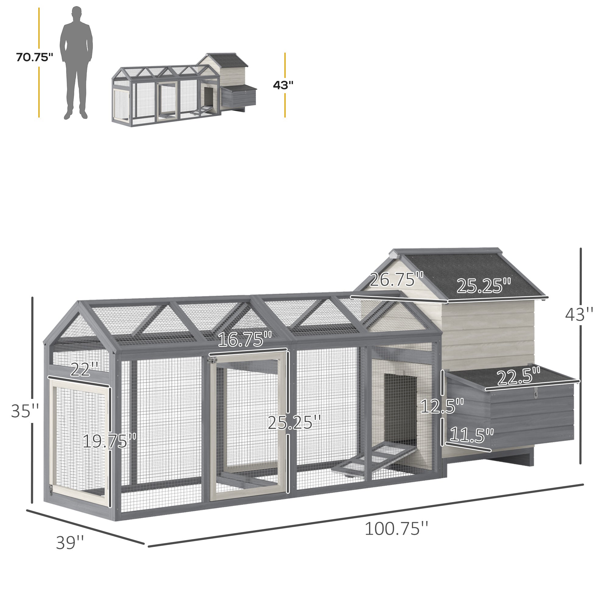 PawHut 100" Chicken Coop Wooden Chicken House Large Rabbit Hutch Poultry Cage Hen Pen Backyard with Double Run, Nesting Box