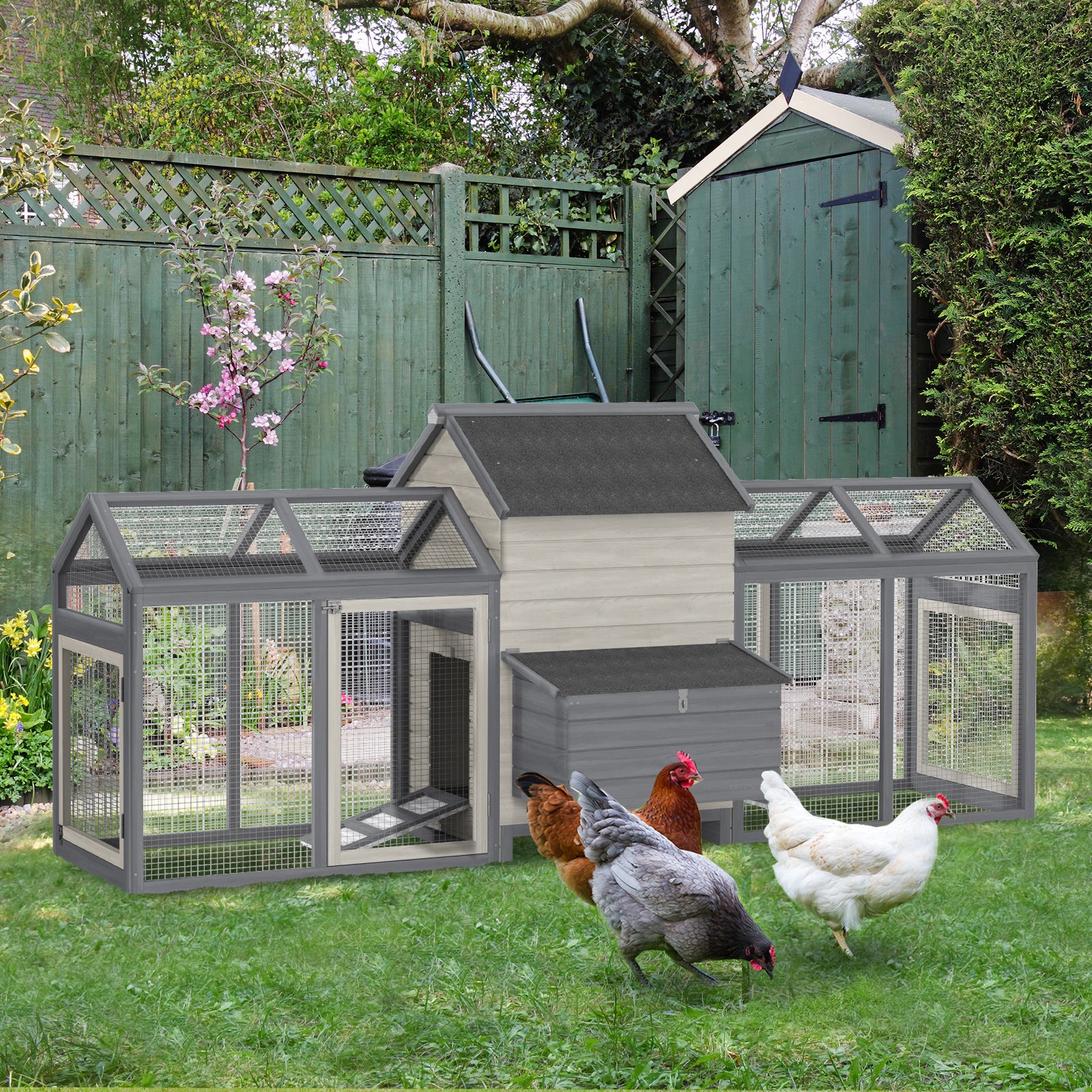 PawHut 100" Chicken Coop Wooden Chicken House Large Rabbit Hutch Poultry Cage Hen Pen Backyard with Double Run, Nesting Box
