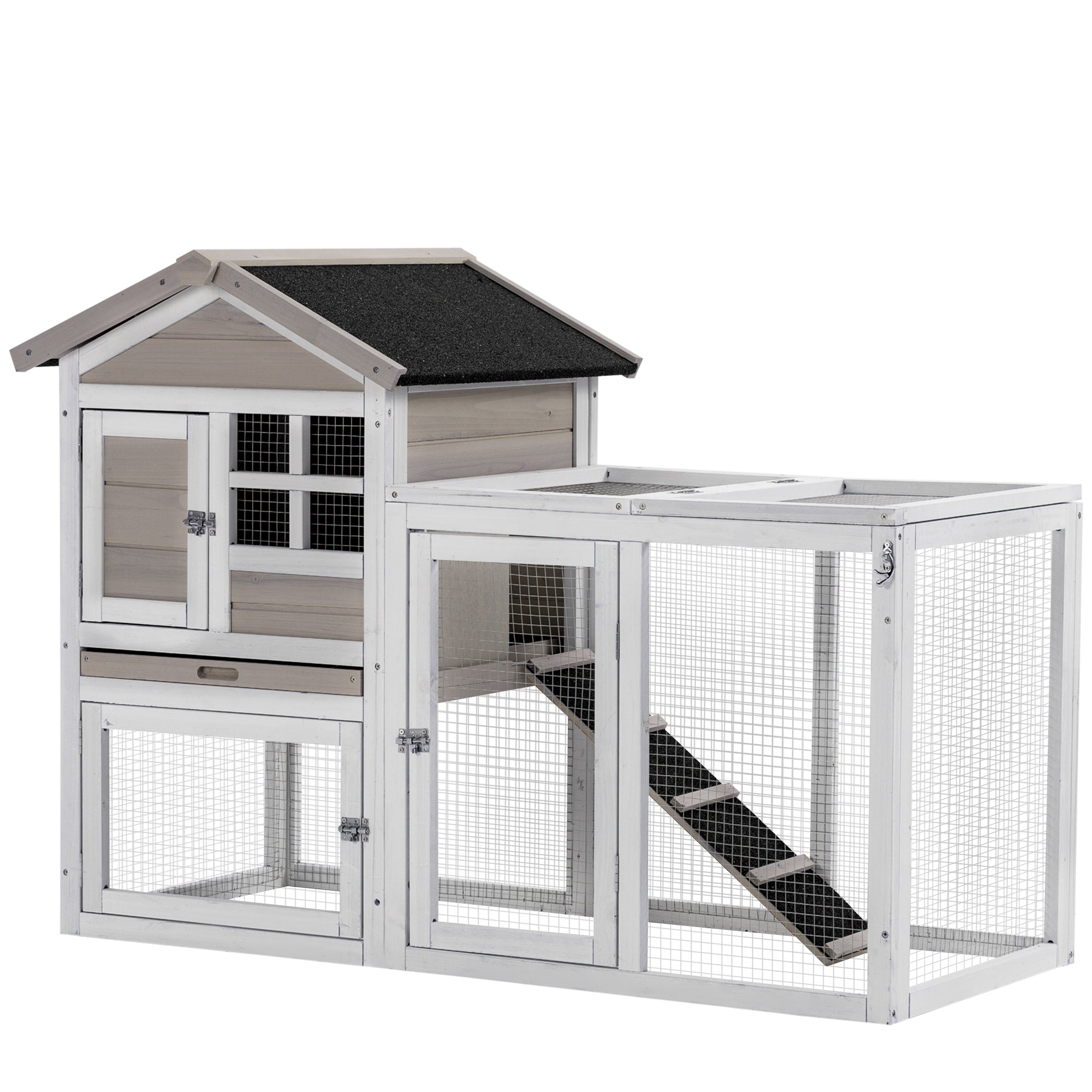 PawHut 102" 2 in 1 Wooden Rabbit Hutch, Double Main House Pet Playpen, Large Bunny House Enclosure for Indoor/Outdoor with 2 Run Boxes, No Leak Tray, and Ramp, for Guinea Pig and Small Animals, Grey