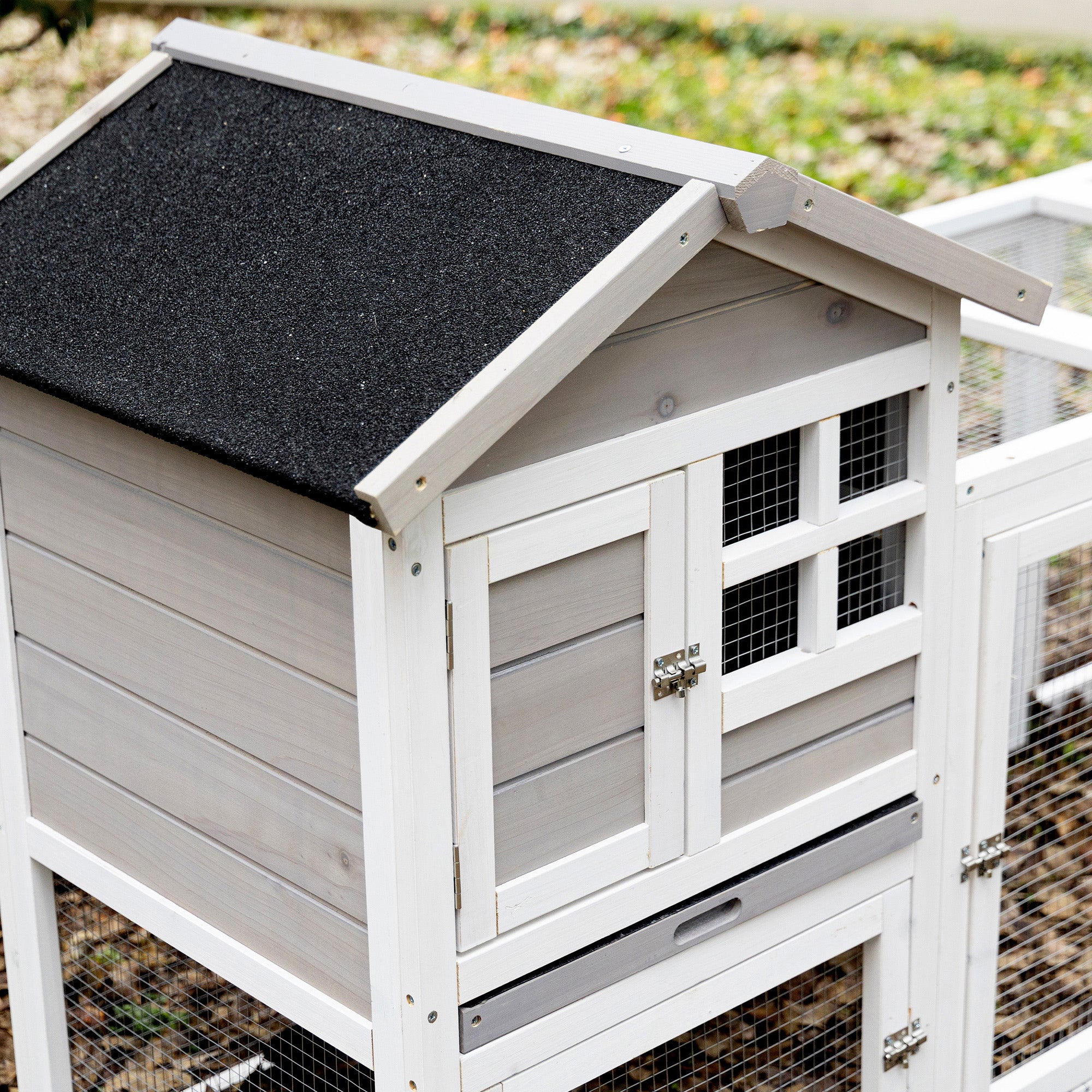 PawHut 102" 2 in 1 Wooden Rabbit Hutch, Double Main House Pet Playpen, Large Bunny House Enclosure for Indoor/Outdoor with 2 Run Boxes, No Leak Tray, and Ramp, for Guinea Pig and Small Animals, Grey