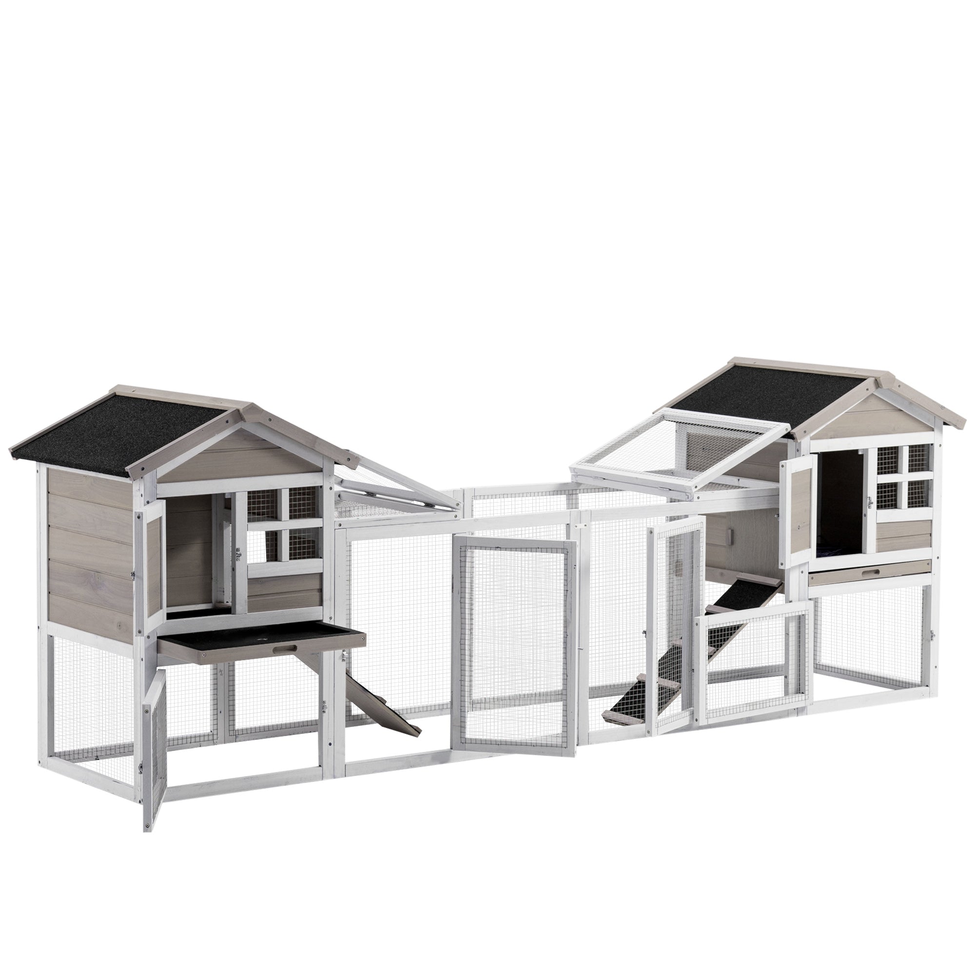 PawHut 102" 2 in 1 Wooden Rabbit Hutch, Double Main House Pet Playpen, Large Bunny House Enclosure for Indoor/Outdoor with 2 Run Boxes, No Leak Tray, and Ramp, for Guinea Pig and Small Animals, Grey