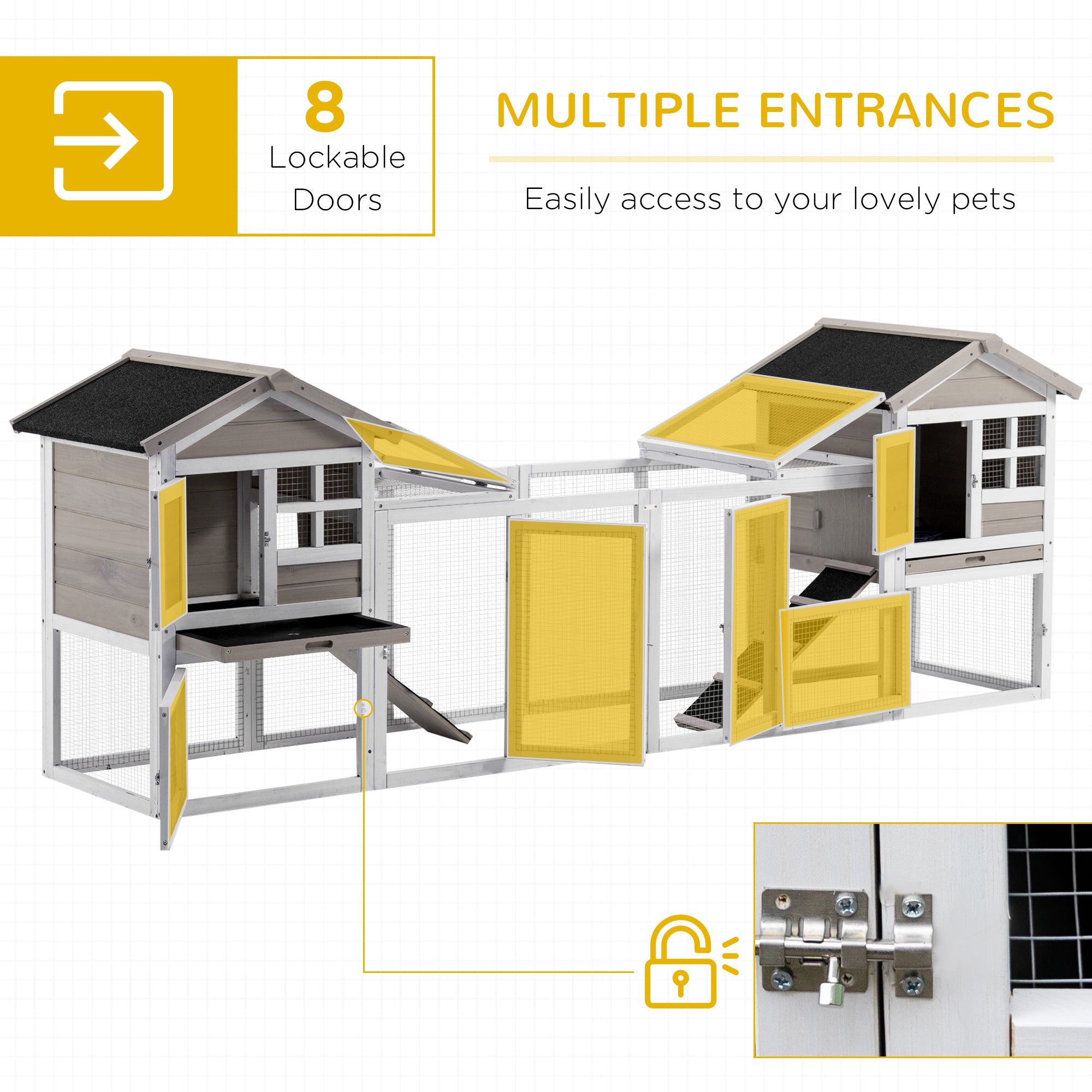 PawHut 102" 2 in 1 Wooden Rabbit Hutch, Double Main House Pet Playpen, Large Bunny House Enclosure for Indoor/Outdoor with 2 Run Boxes, No Leak Tray, and Ramp, for Guinea Pig and Small Animals, Grey