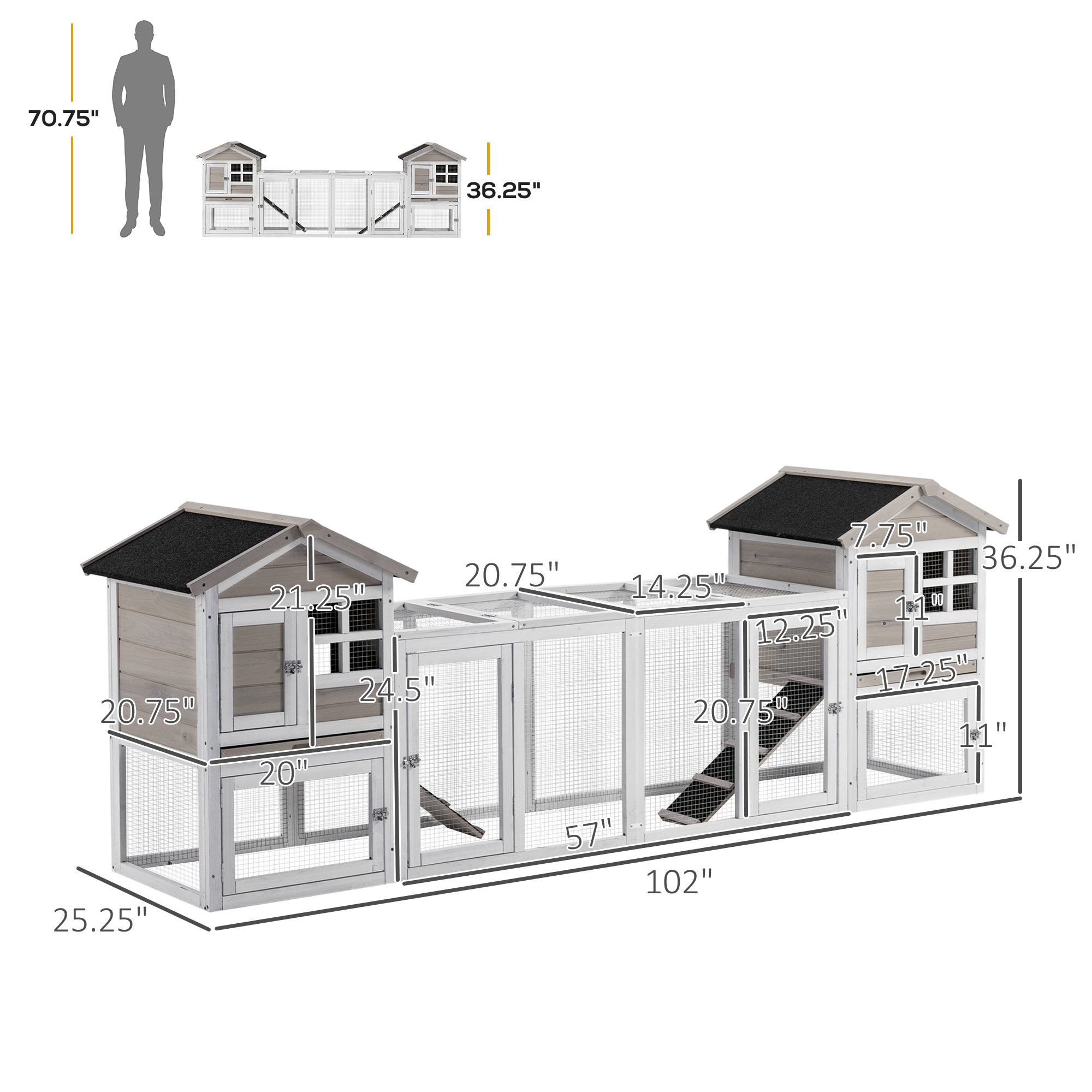 PawHut 102" 2 in 1 Wooden Rabbit Hutch, Double Main House Pet Playpen, Large Bunny House Enclosure for Indoor/Outdoor with 2 Run Boxes, No Leak Tray, and Ramp, for Guinea Pig and Small Animals, Grey
