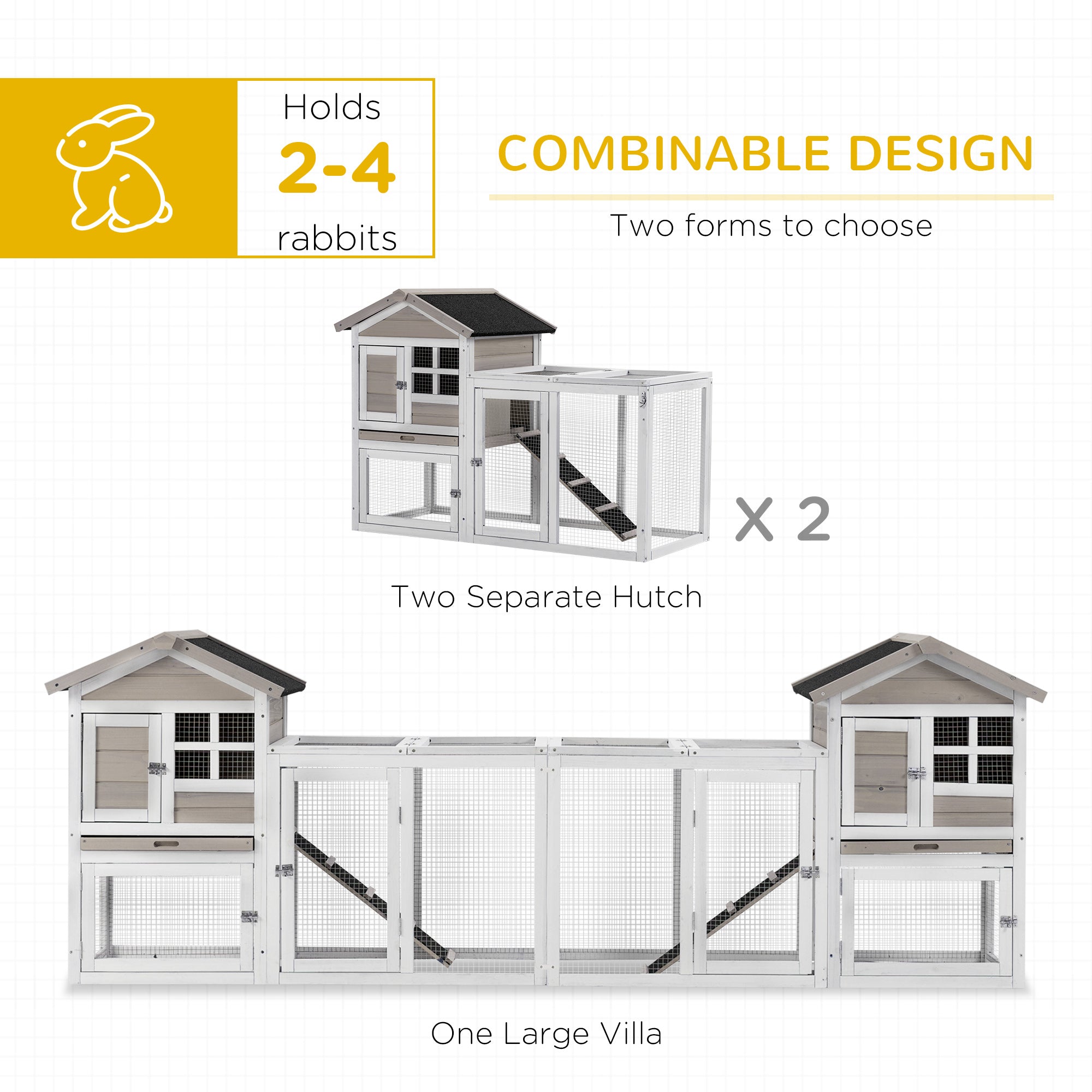 PawHut 102" 2 in 1 Wooden Rabbit Hutch, Double Main House Pet Playpen, Large Bunny House Enclosure for Indoor/Outdoor with 2 Run Boxes, No Leak Tray, and Ramp, for Guinea Pig and Small Animals, Grey
