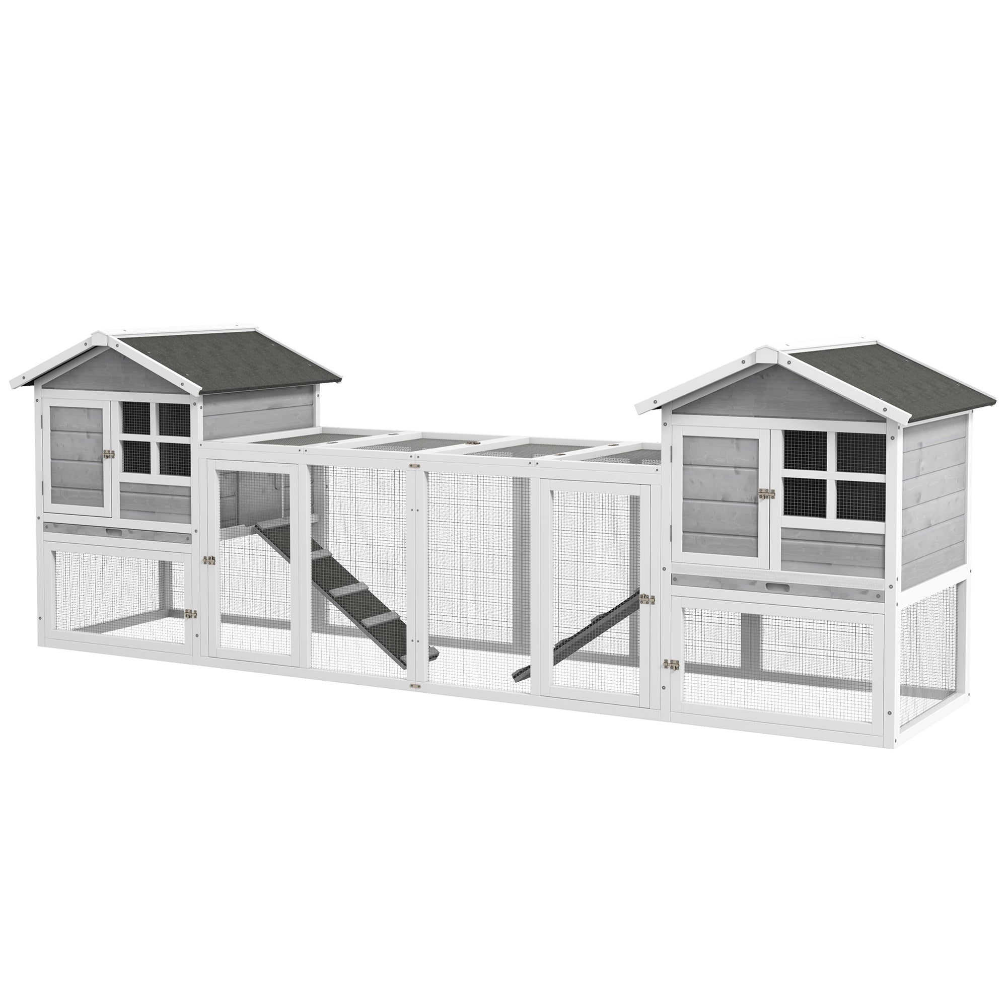 PawHut 102" 2 in 1 Wooden Rabbit Hutch Chicken Coop with Double Main House, Large Bunny House Pet Playpen Enclosure for Indoor Outdoor with Run Box, Slide-Out Tray, Ramp, for Small Animals, Grey