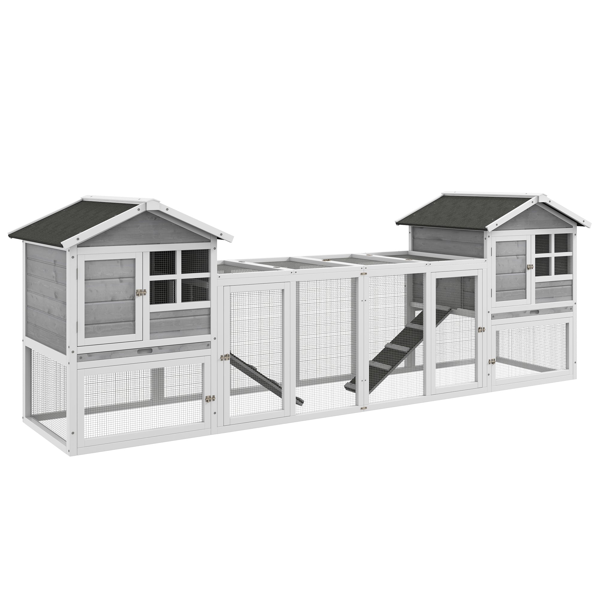 PawHut 102" 2 in 1 Wooden Rabbit Hutch Chicken Coop with Double Main House, Large Bunny House Pet Playpen Enclosure for Indoor Outdoor with Run Box, Slide-Out Tray, Ramp, for Small Animals, Grey