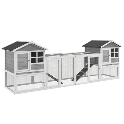 PawHut 102" 2 in 1 Wooden Rabbit Hutch Chicken Coop with Double Main House, Large Bunny House Pet Playpen Enclosure for Indoor Outdoor with Run Box, Slide-Out Tray, Ramp, for Small Animals, Grey