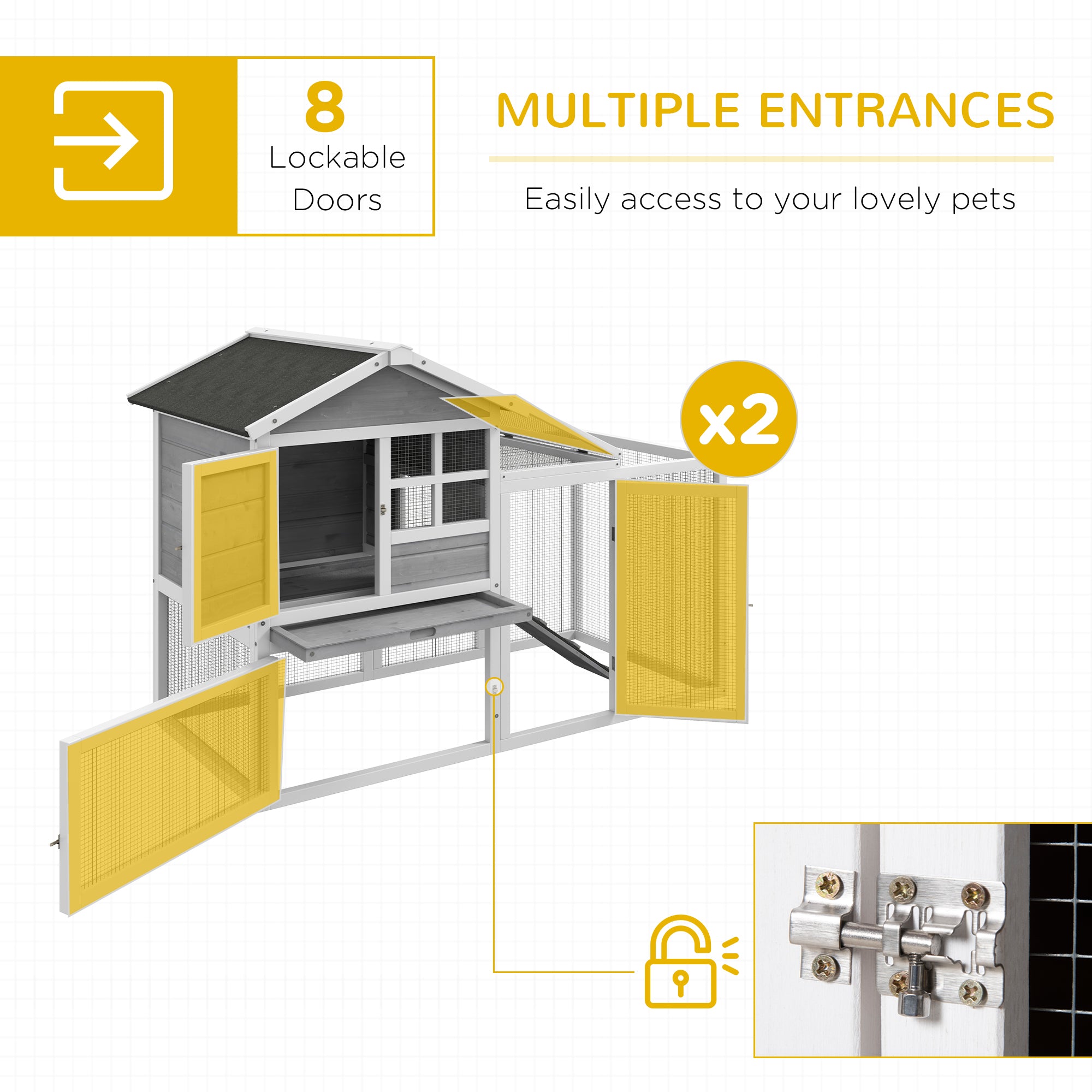 PawHut 102" 2 in 1 Wooden Rabbit Hutch Chicken Coop with Double Main House, Large Bunny House Pet Playpen Enclosure for Indoor Outdoor with Run Box, Slide-Out Tray, Ramp, for Small Animals, Grey