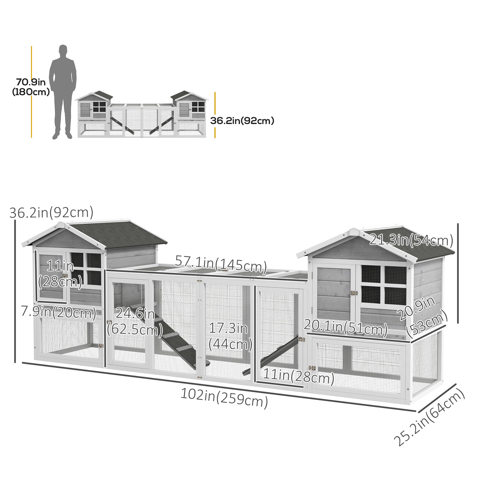 PawHut 102" 2 in 1 Wooden Rabbit Hutch Chicken Coop with Double Main House, Large Bunny House Pet Playpen Enclosure for Indoor Outdoor with Run Box, Slide-Out Tray, Ramp, for Small Animals, Grey
