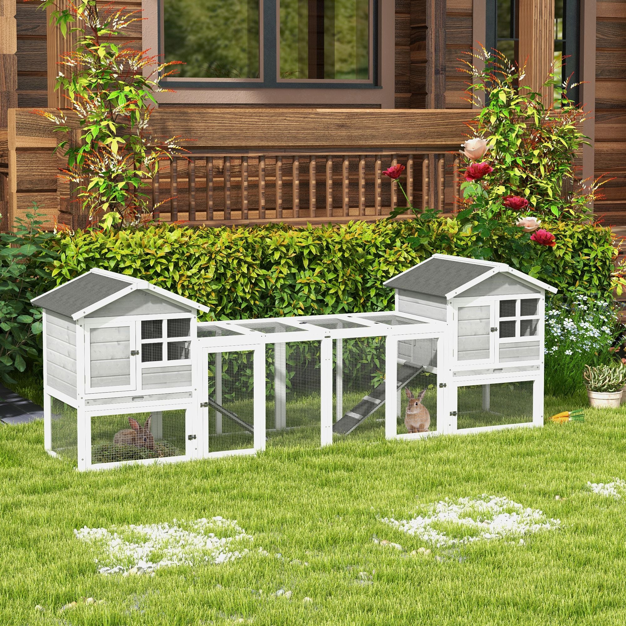 PawHut 102" 2 in 1 Wooden Rabbit Hutch Chicken Coop with Double Main House, Large Bunny House Pet Playpen Enclosure for Indoor Outdoor with Run Box, Slide-Out Tray, Ramp, for Small Animals, Grey