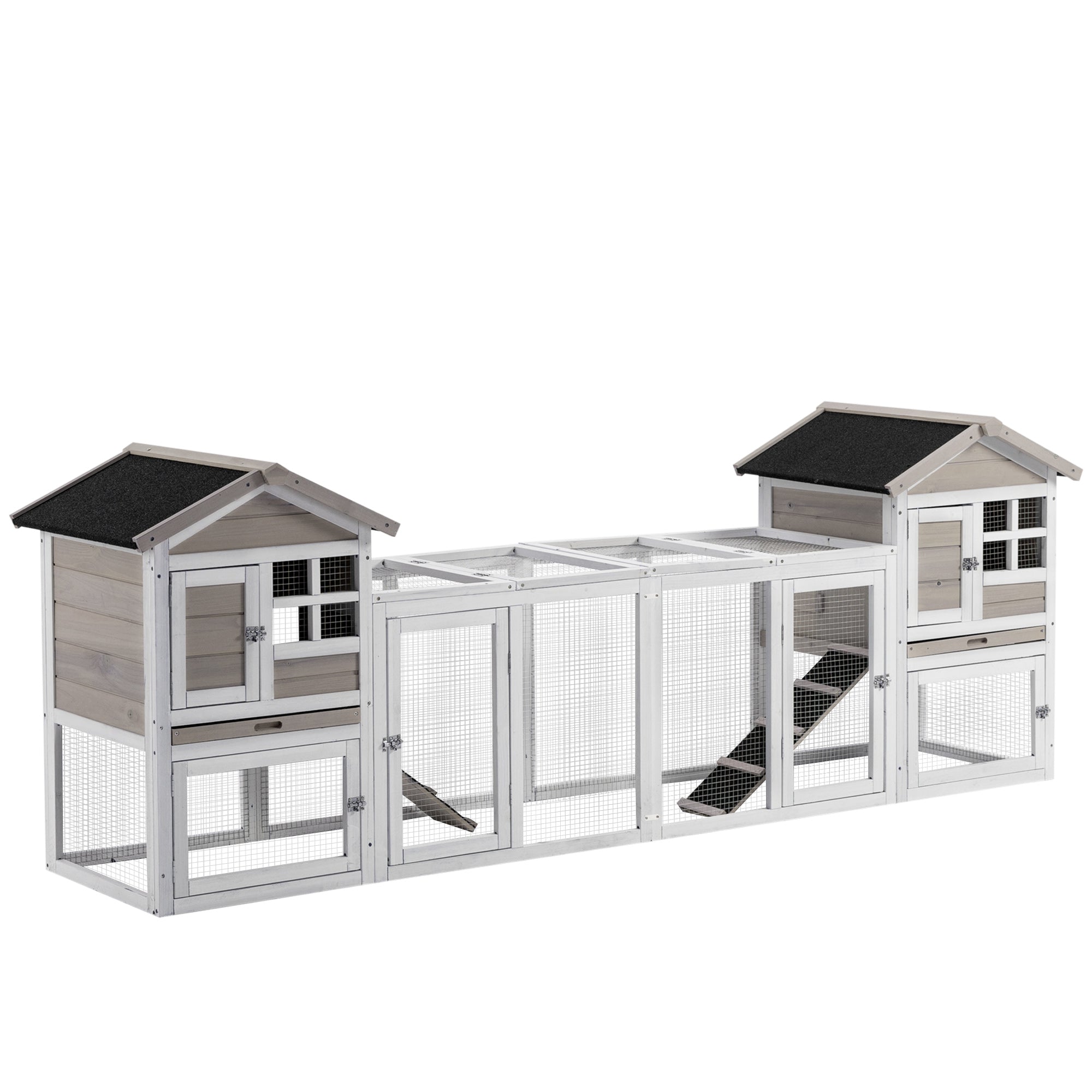 PawHut 102" 2 in 1 Wooden Rabbit Hutch, Double Main House Pet Playpen, Large Bunny House Enclosure for Indoor/Outdoor with 2 Run Boxes, No Leak Tray, and Ramp, for Guinea Pig and Small Animals, Grey