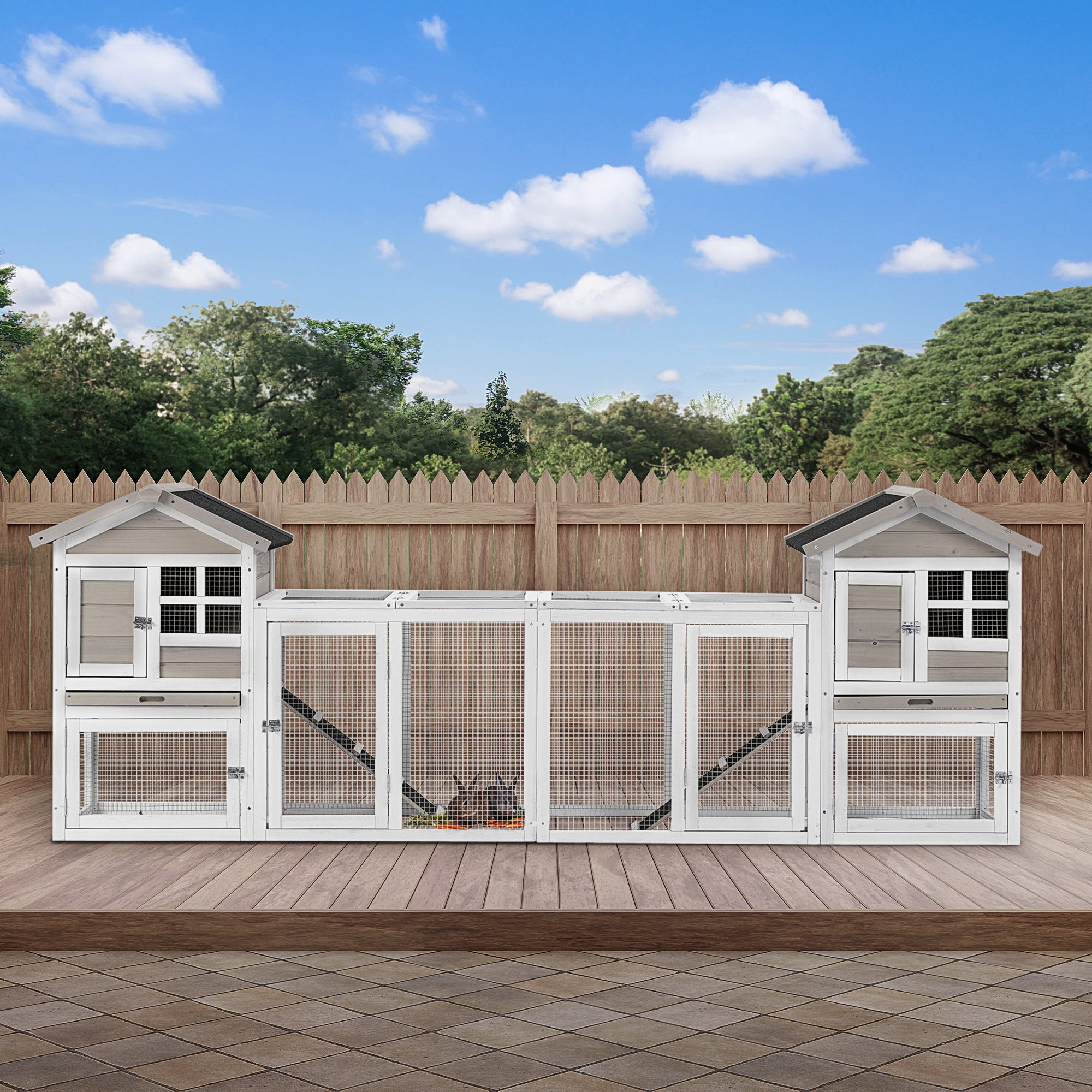 PawHut 102" 2 in 1 Wooden Rabbit Hutch, Double Main House Pet Playpen, Large Bunny House Enclosure for Indoor/Outdoor with 2 Run Boxes, No Leak Tray, and Ramp, for Guinea Pig and Small Animals, Grey
