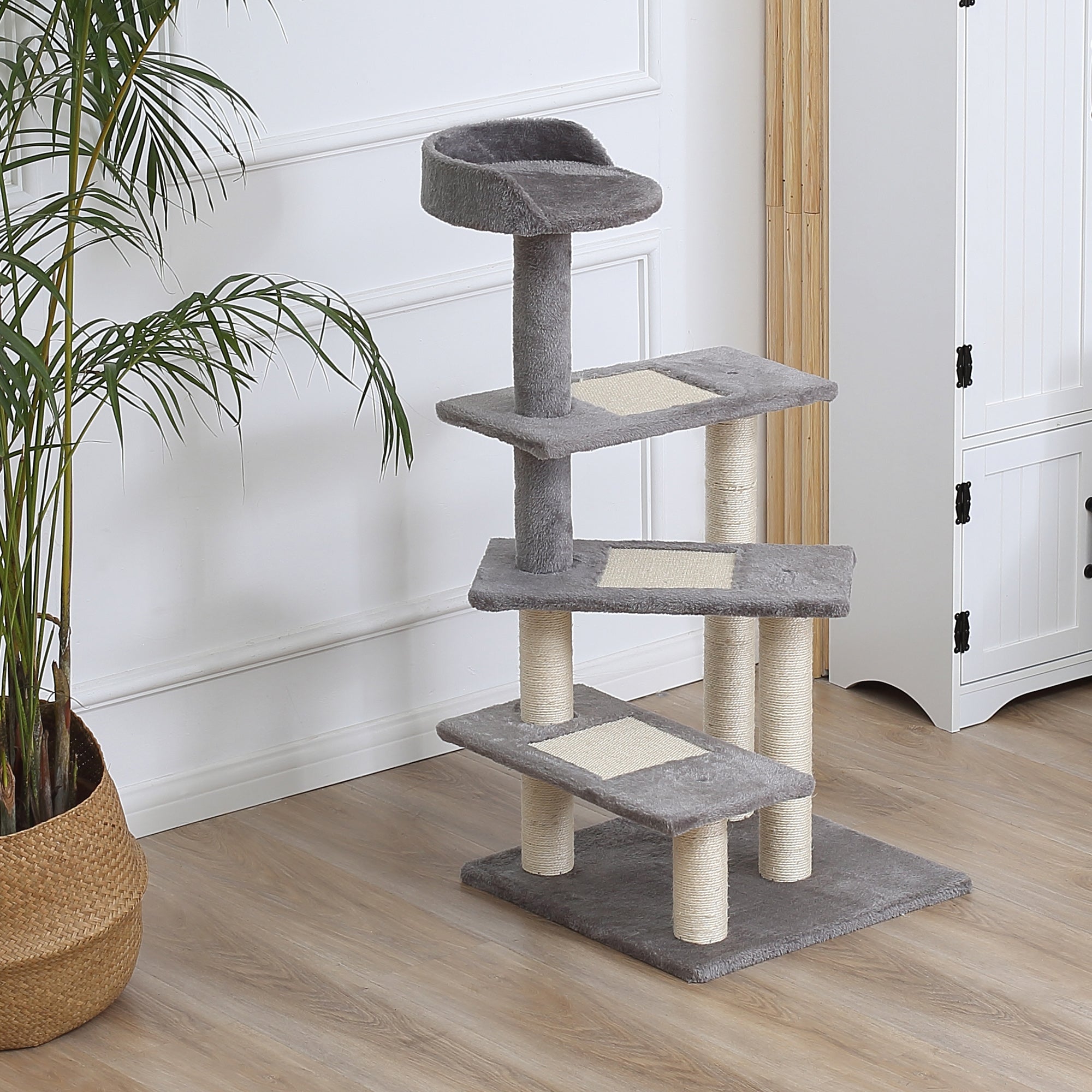 PawHut 40" 5-Level Revolving Stair Cat Tree Scratcher Climbing Activity Tower with Play Center and Resting Perch, Grey