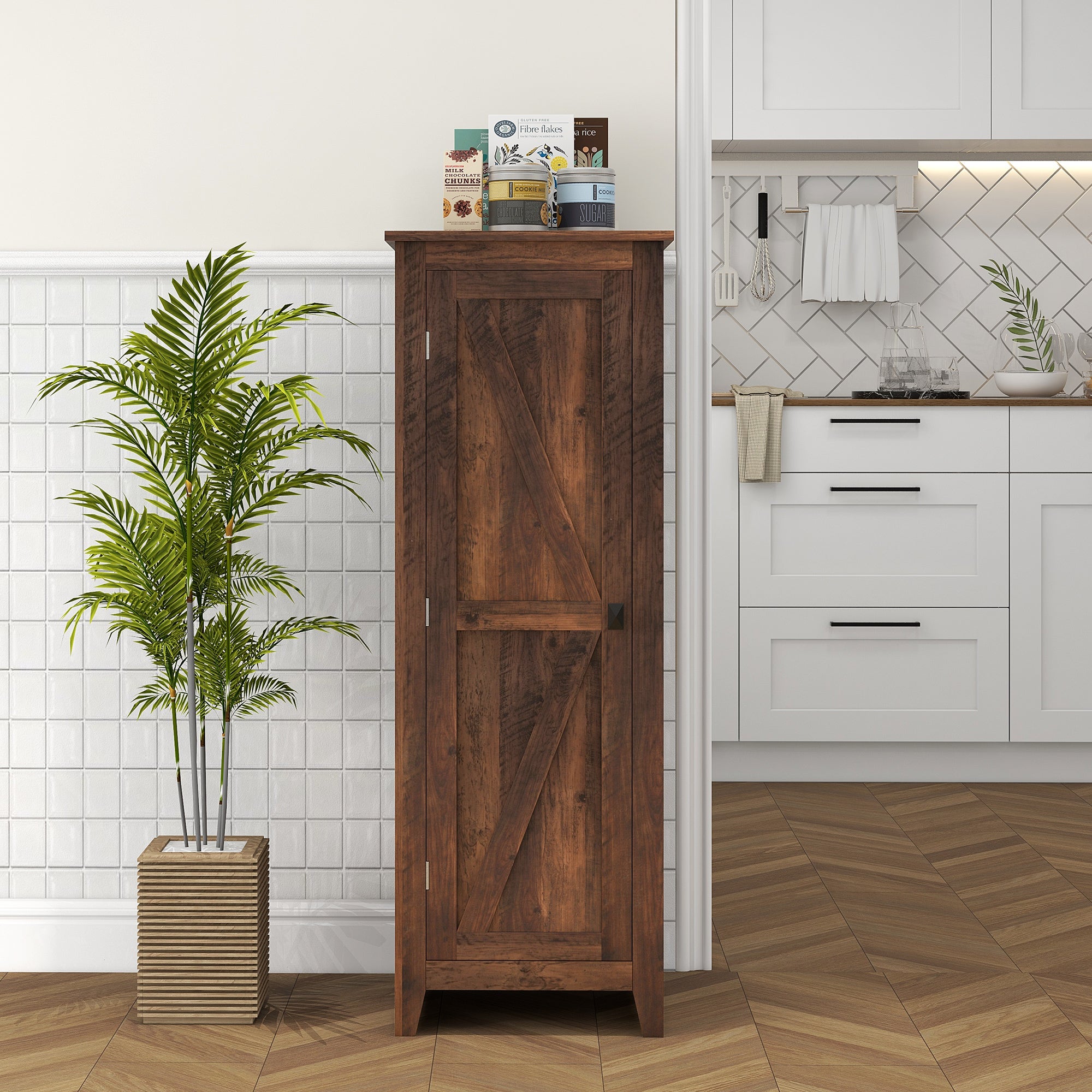 HOMCOM 48" Small Kitchen Pantry Cabinet, Freestanding Storage Cabinet, Farmhouse Narrow Kitchen Cabinet with Barn Door and Adjustable Shelves, Brown Wood Grain