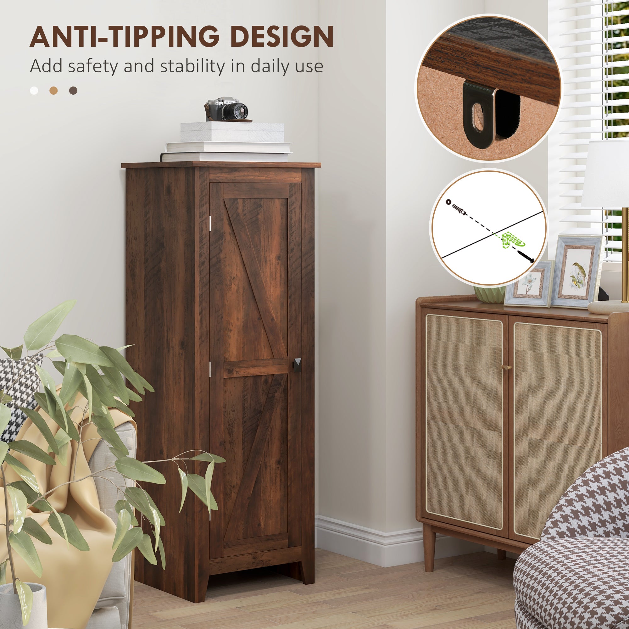 HOMCOM 48" Small Kitchen Pantry Cabinet, Freestanding Storage Cabinet, Farmhouse Narrow Kitchen Cabinet with Barn Door and Adjustable Shelves, Brown Wood Grain