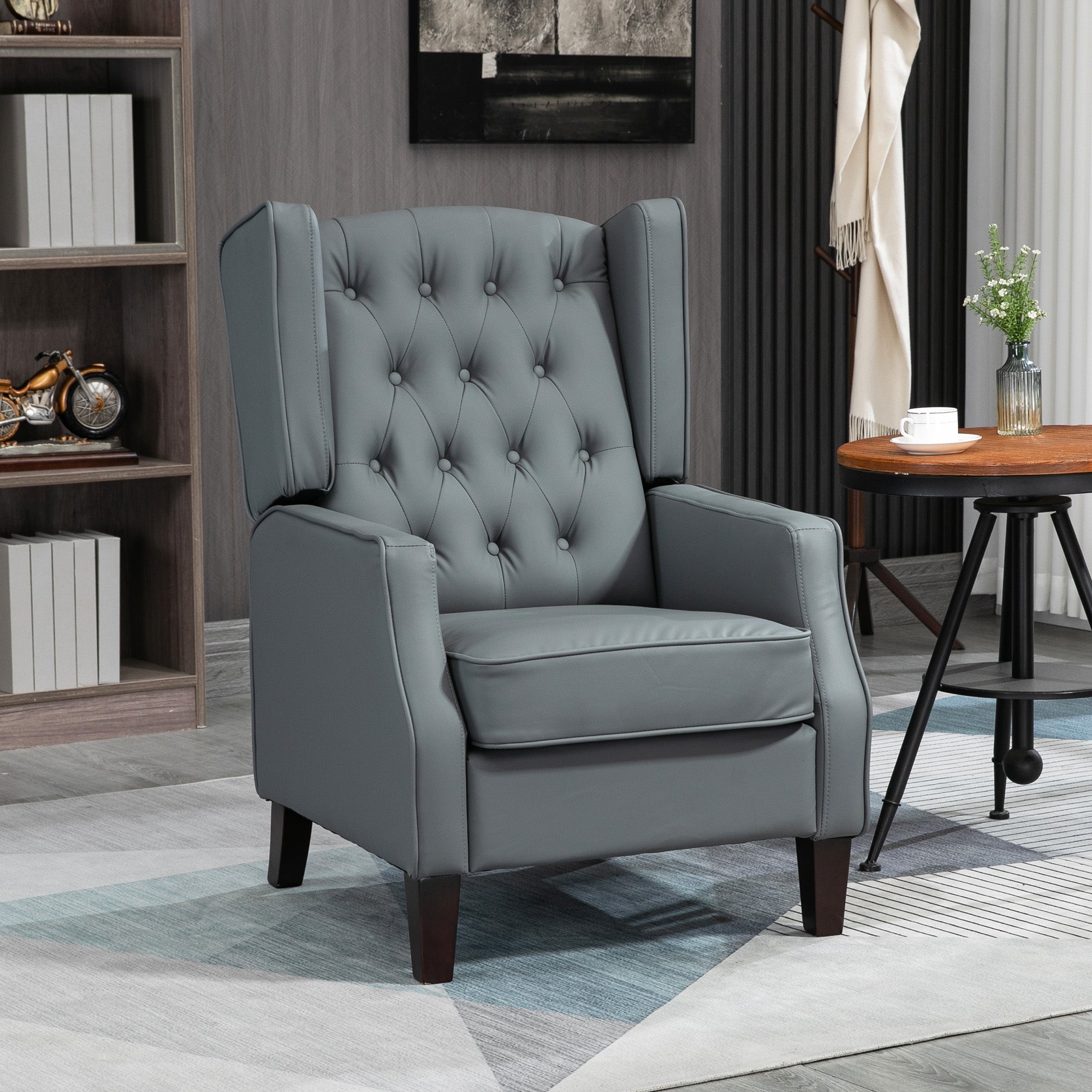 HOMCOM Faux Leather Accent Chair, Upholstered Wingback Armchair, Modern Button Tufted Living Room Chair with Thick Padding, Grey