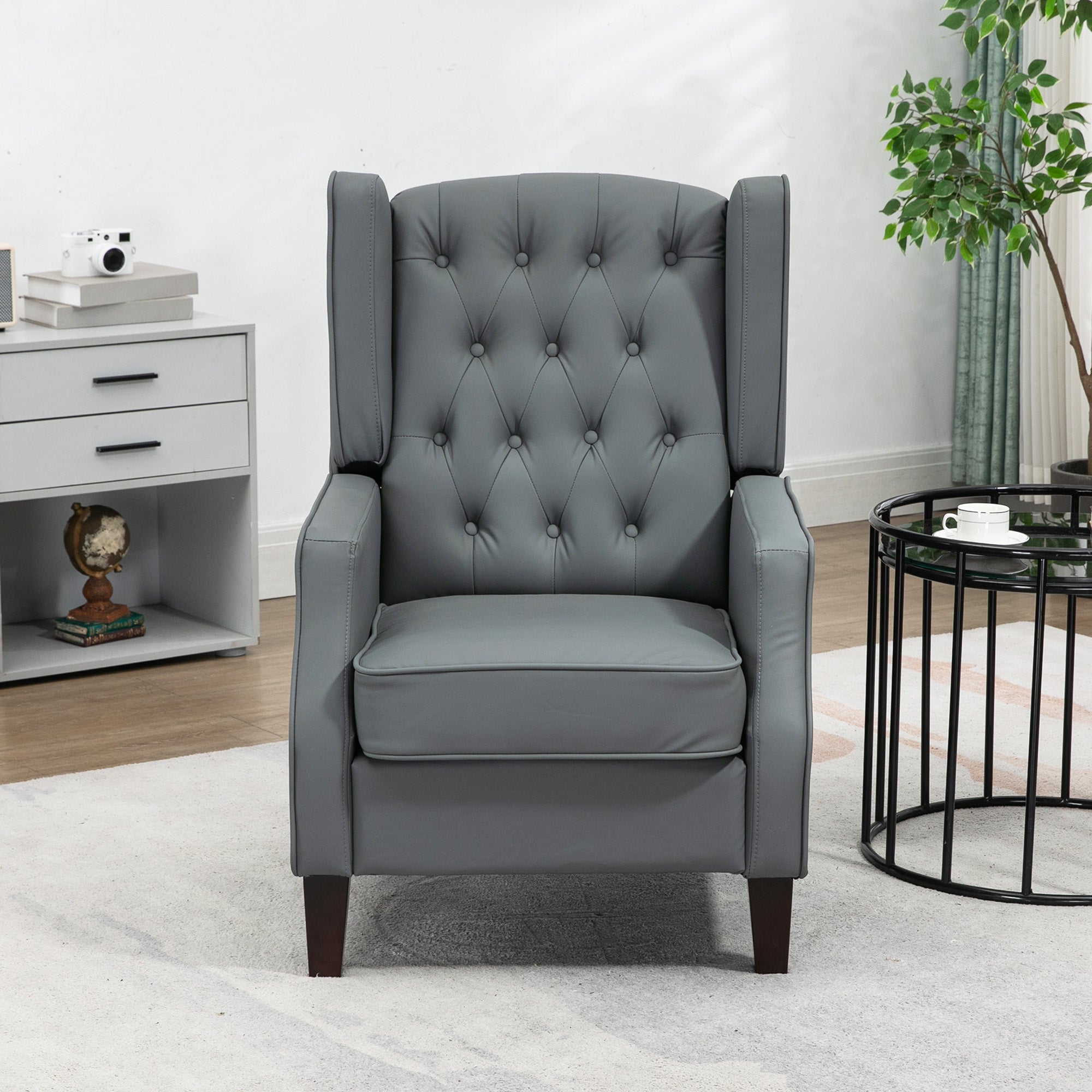HOMCOM Faux Leather Accent Chair, Upholstered Wingback Armchair, Modern Button Tufted Living Room Chair with Thick Padding, Grey