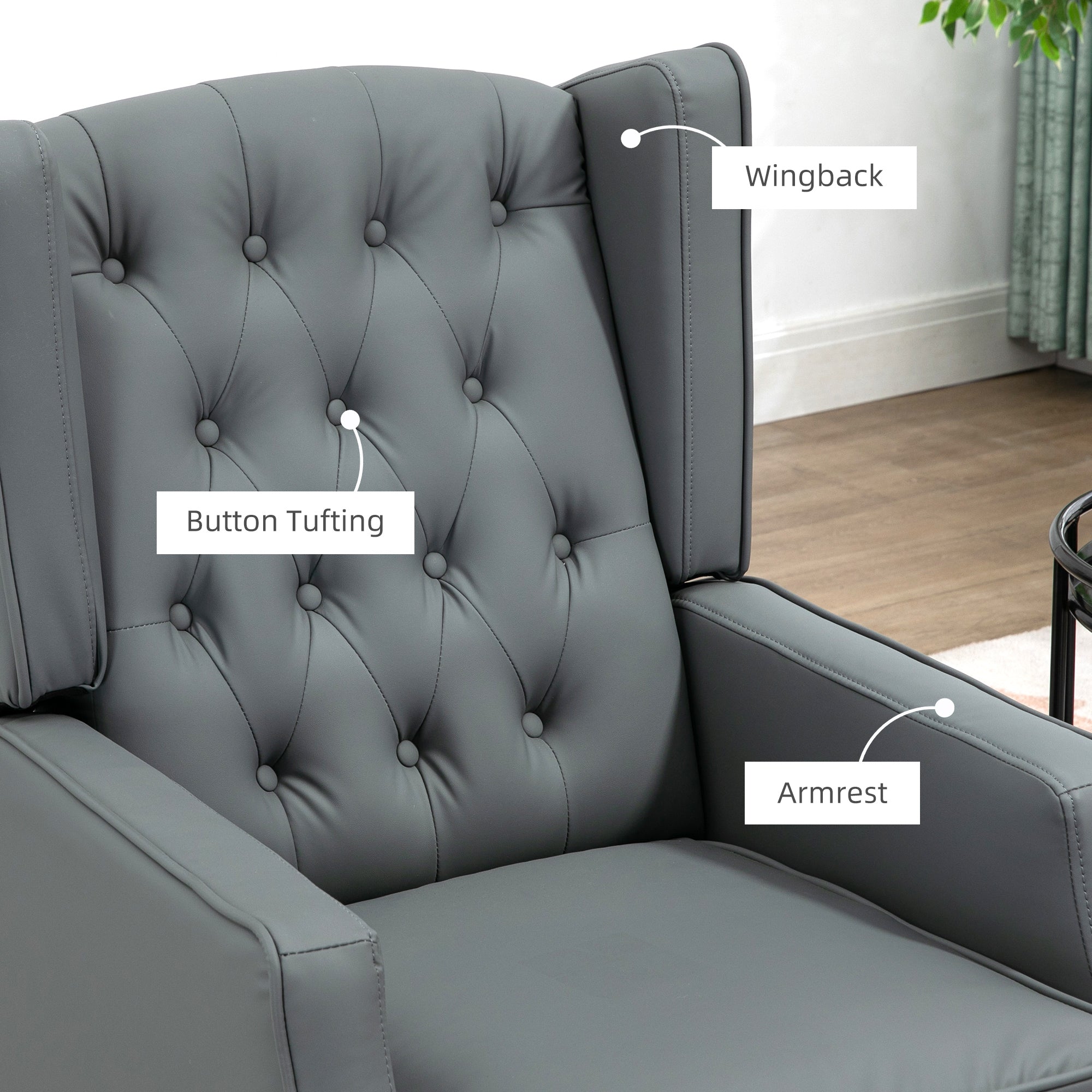 HOMCOM Faux Leather Accent Chair, Upholstered Wingback Armchair, Modern Button Tufted Living Room Chair with Thick Padding, Grey