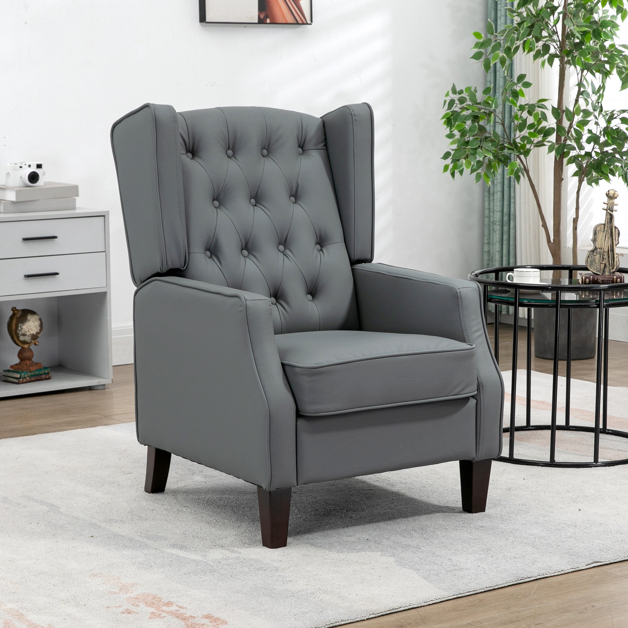 HOMCOM Faux Leather Accent Chair, Upholstered Wingback Armchair, Modern Button Tufted Living Room Chair with Thick Padding, Grey