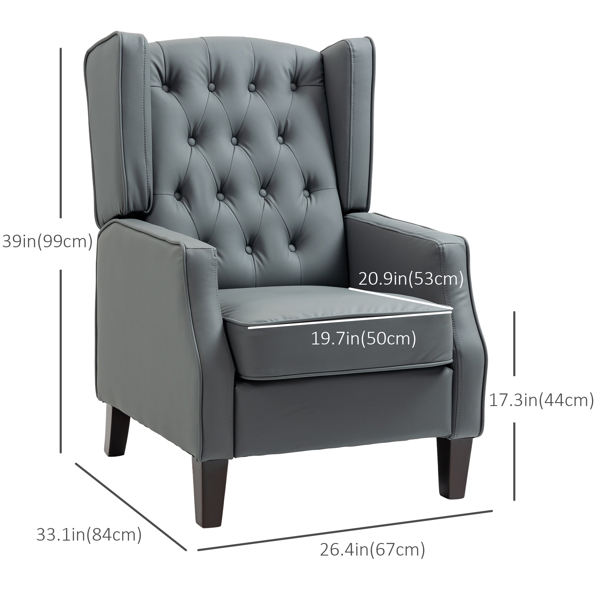 HOMCOM Faux Leather Accent Chair, Upholstered Wingback Armchair, Modern Button Tufted Living Room Chair with Thick Padding, Grey