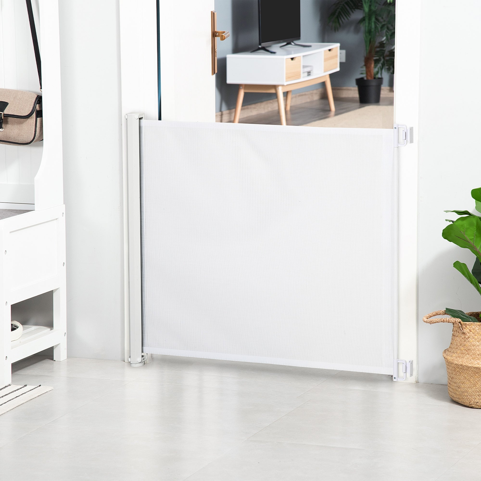 PawHut Retractable Safety Gate, Dog Pet Barrier, Folding Protector, for Home, Doorway, Stairs, 82.5H x 115Lcm - White