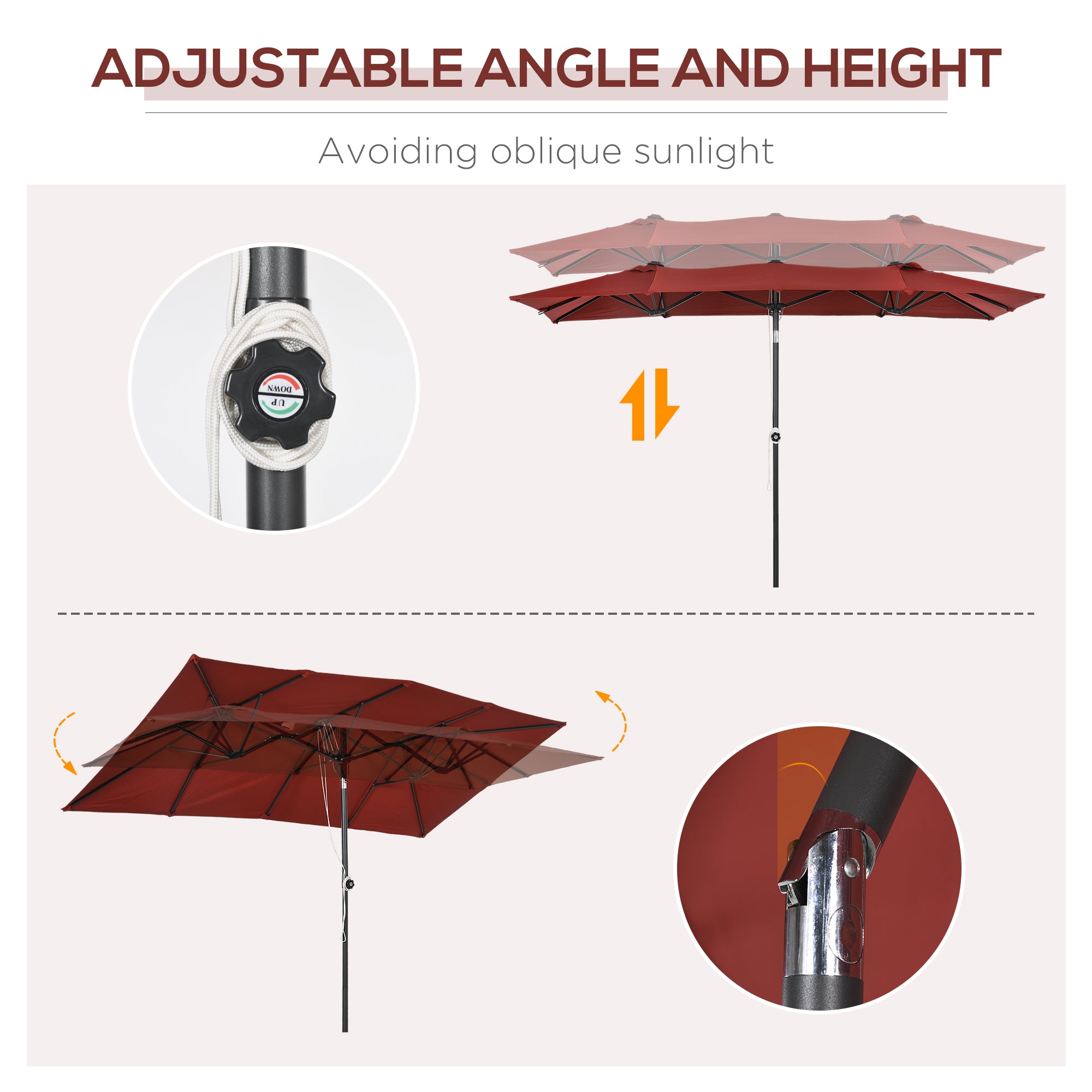 Outsunny 10ft Double Patio Umbrella with Tilt, Adjustable Height, Outdoor Table Parasol with Vents and 12 Ribs, for Garden, Deck, Pool, Wine Red