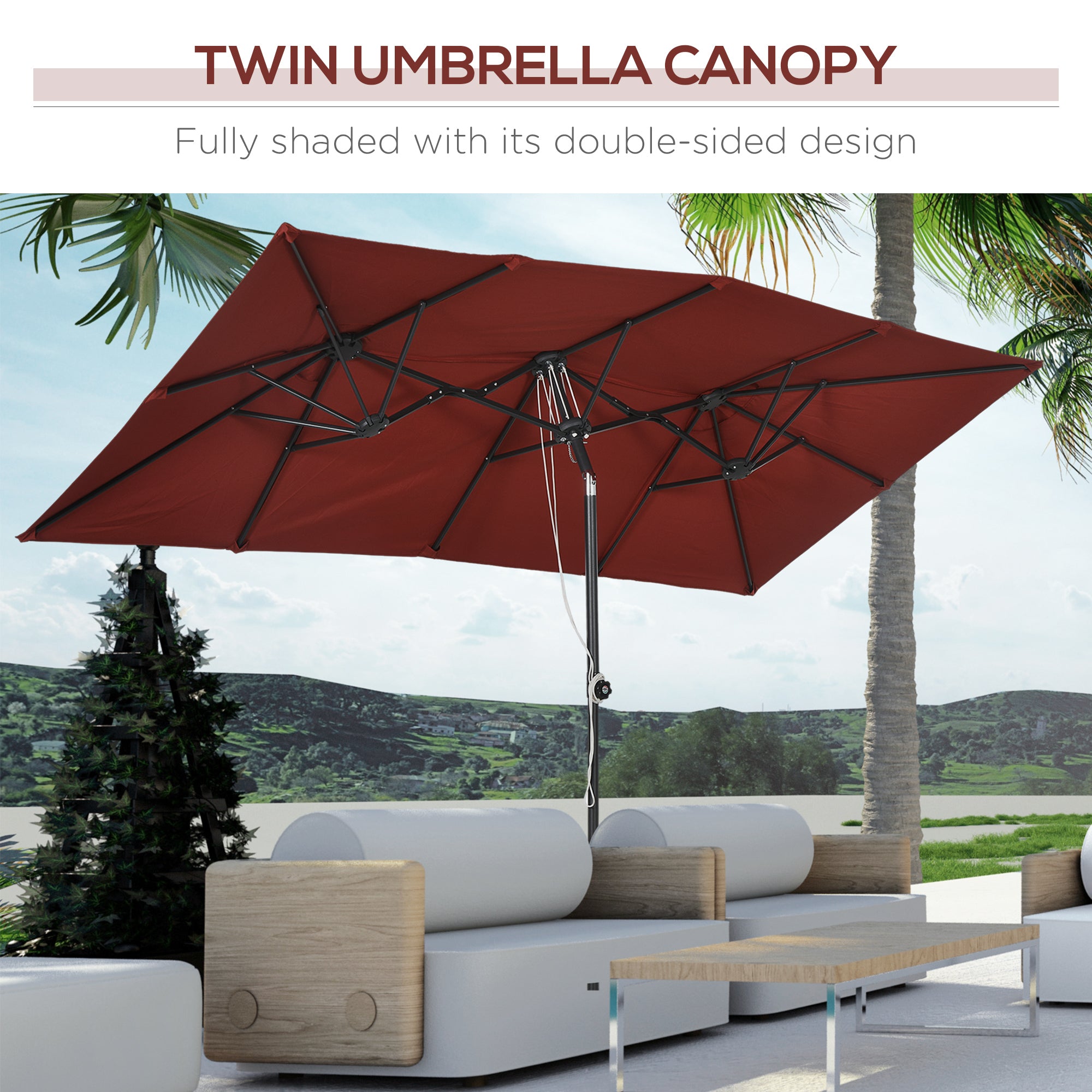 Outsunny 10ft Double Patio Umbrella with Tilt, Adjustable Height, Outdoor Table Parasol with Vents and 12 Ribs, for Garden, Deck, Pool, Wine Red
