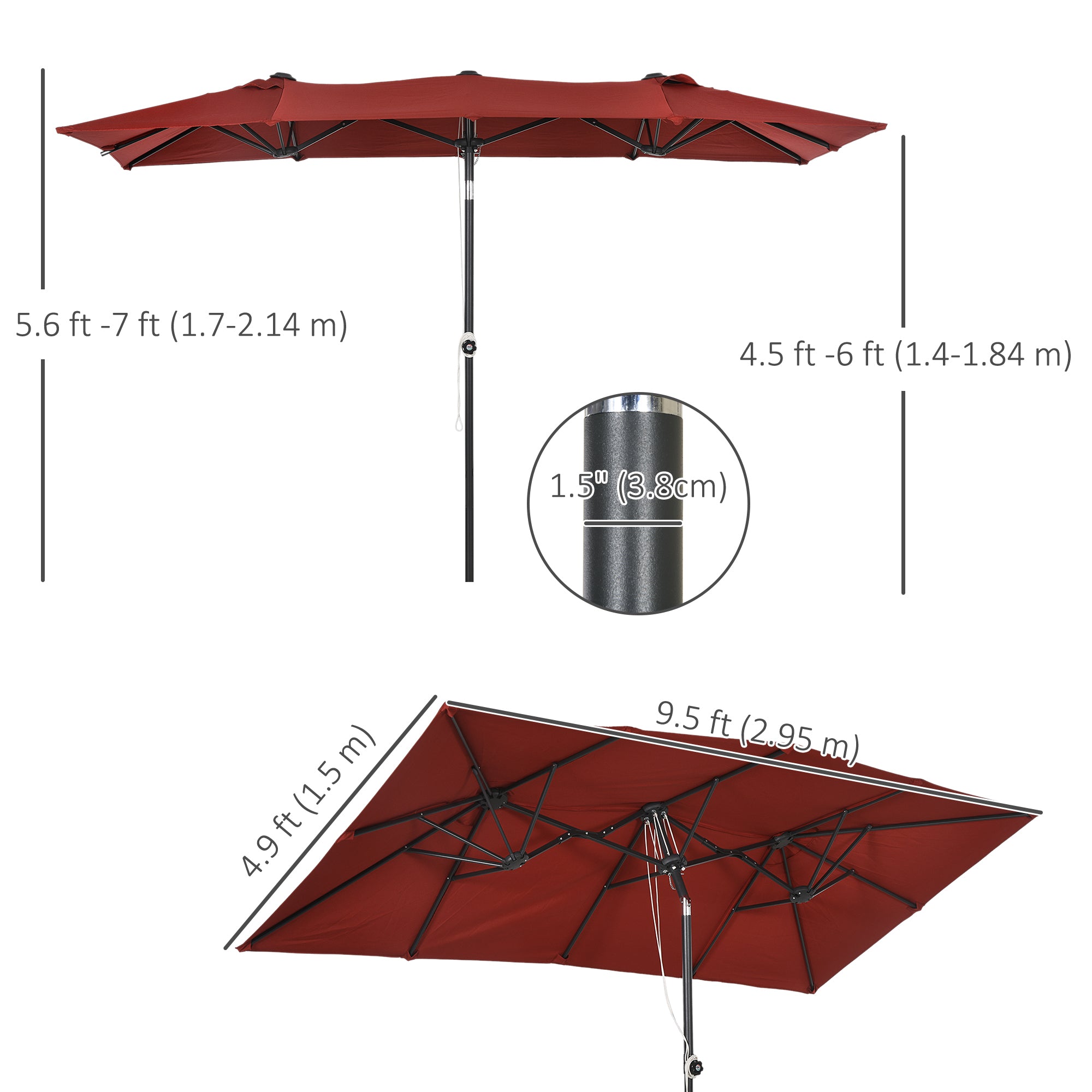 Outsunny 10ft Double Patio Umbrella with Tilt, Adjustable Height, Outdoor Table Parasol with Vents and 12 Ribs, for Garden, Deck, Pool, Wine Red